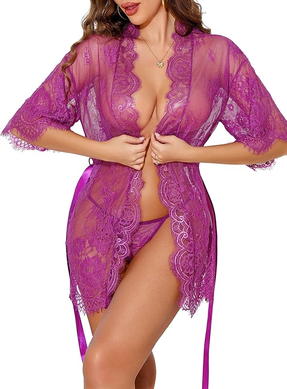 CRIPOM Women'S Lingerie Robe Lace Kimono See Through Nightgown XS-3XL