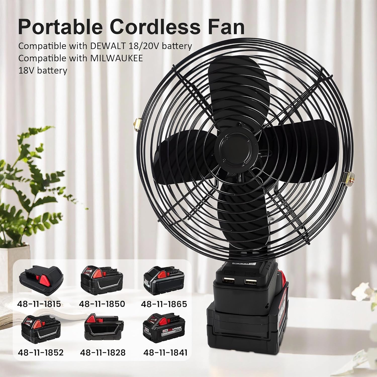 Cordless Fan For Milwaukee 18V Battery.Camping Fan Cordless.With USB Port .Furnish AC Adapter, for Jobsite, Beach,Outdoor.(Battery Not Included)