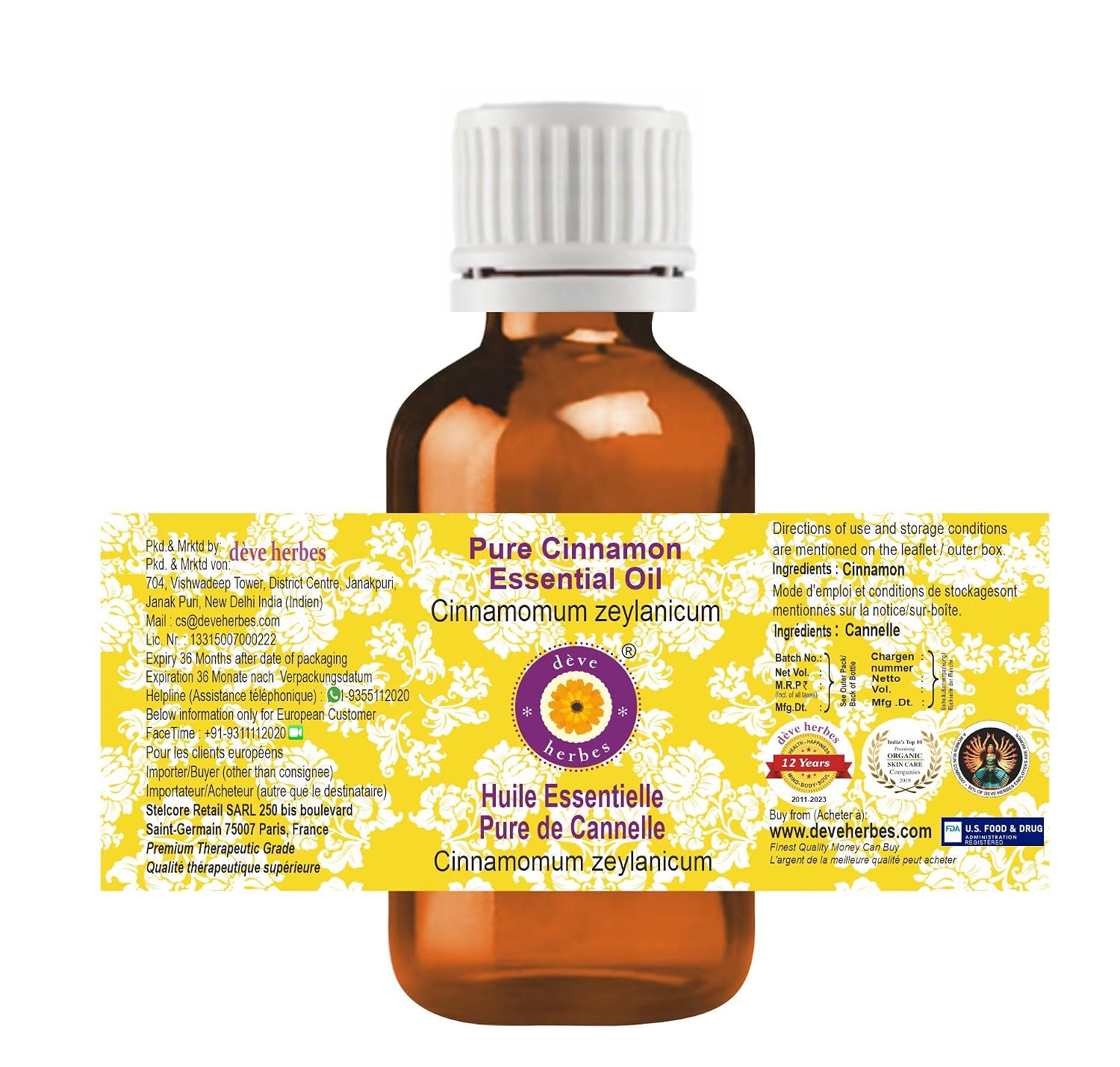 Deve Herbes Pure Cinnamon Essential Oil (Cinnamomum zeylanicum) Steam Distilled 5ml (0.16 oz)
