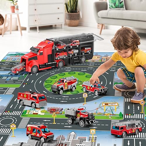 Miniatura 7 de Juego de camiones de bomberos con alfombra de juego, juego de vehículos de juego para niños de 3, 4, 5, 6 años, juguete de automóvil fundido a