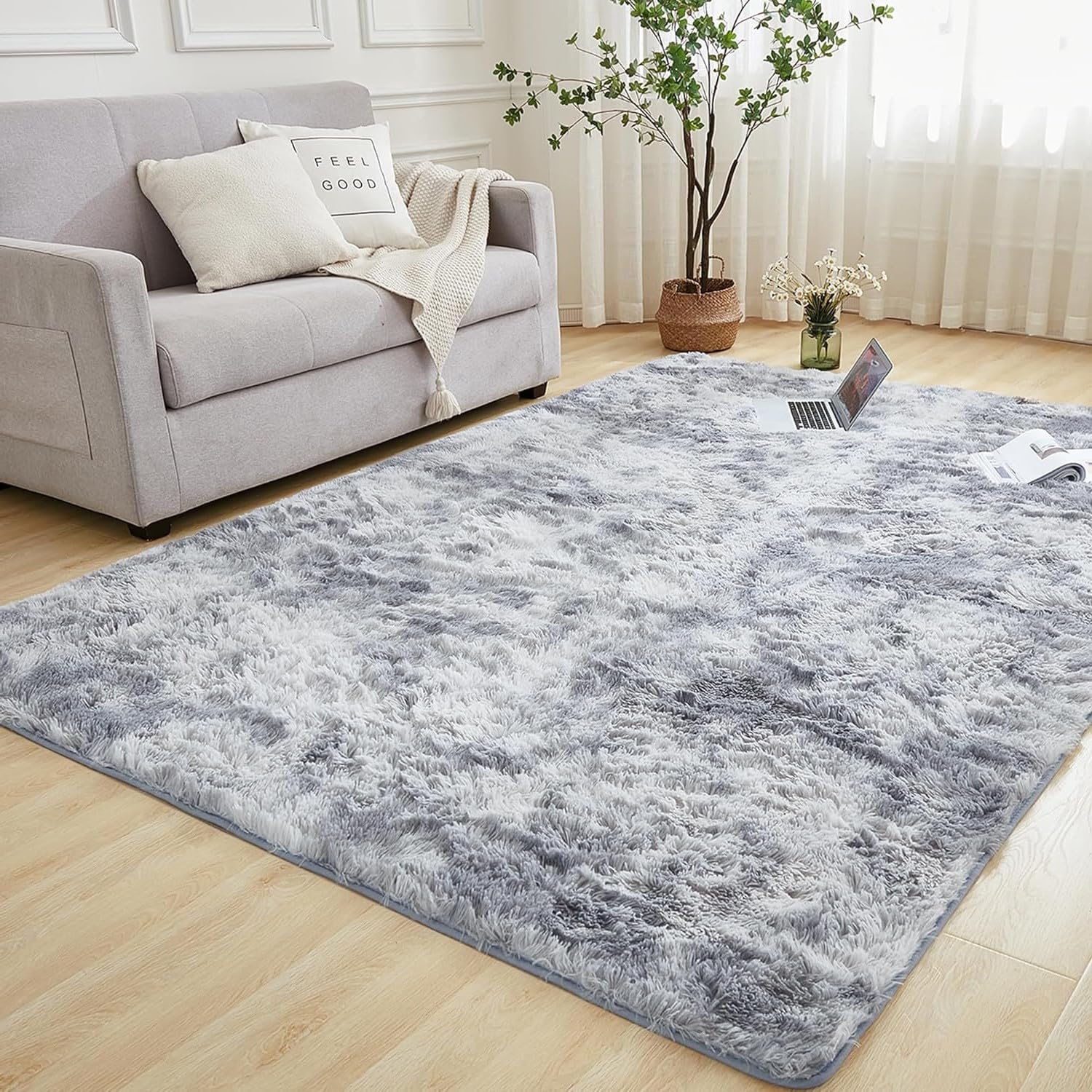 INSPIRE HOMEWARE Fluffy Shaggy Rugs Living Room Large Bedroom Rug Non Slip Carpet Thick Soft Pile Bedside Area Rug for Hallway Kids Nursery Room Non-Shedding Tie Dye Light Grey 140 x 200 cm