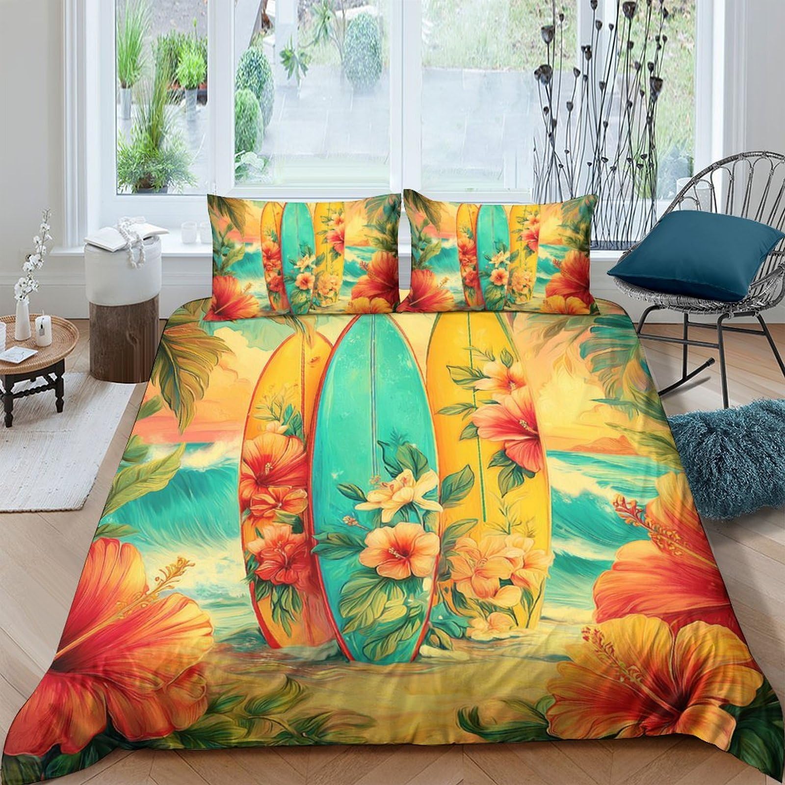 Ctjqhvkz Style-4 3D Printed Tropical Surfboard Fitted Sheet Microfiber Bright Floral Mattress Cover For Bedroom Dorm Mattress Decor Single（135X200cm）