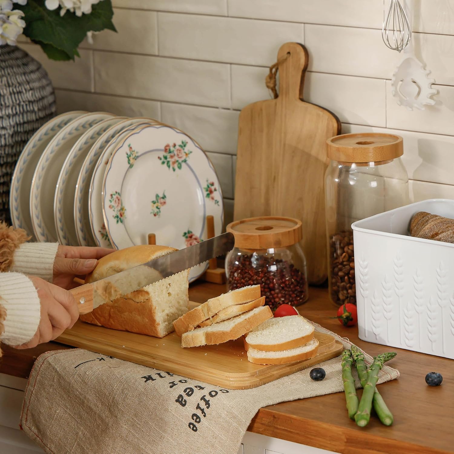 Large Bread Box for Kitchen Countertop Corner Breadbox for Homemade Bread Metal White Ear of Wheat Pattern Embossed Bread Storage Container Bin with Bamboo Lid