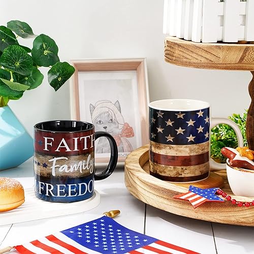 Miniatura 4 de Whaline 2 tazas patrióticas de cerámica para el 4 de julio, tazas de café con estampado de estrellas y rayas de la bandera estadounidense vintage