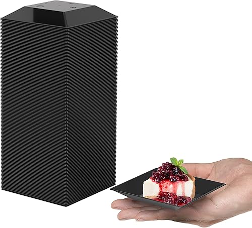 Mini platos desechables para aperitivos, paquete de 60 platos de postre de plástico negro de 2.95 x 2.95 pulgadas, diseño elegante para bodas,