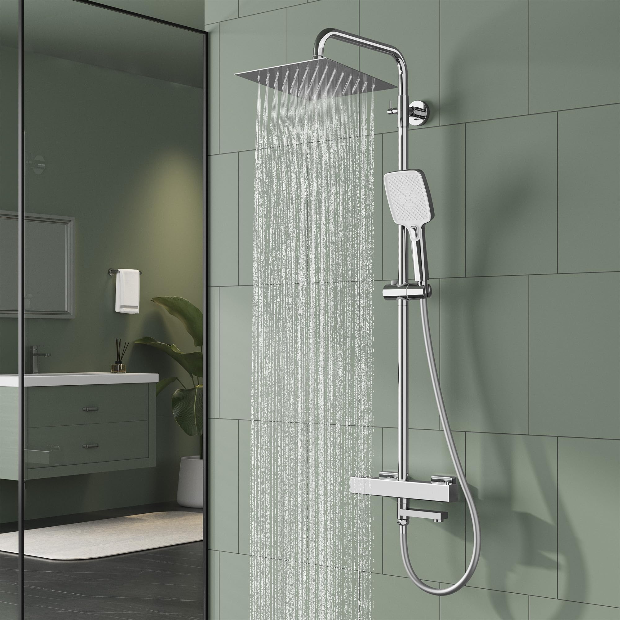 Garvee Duschsystem mit Thermostat Chrom, Duschset Regendusche Duschgarnitur Komplettset mit 304 Edelstahl Kopfbrause Armatur, 3 Strahlarten Handbrause, Duschstangen (Eckig 25x25cm)