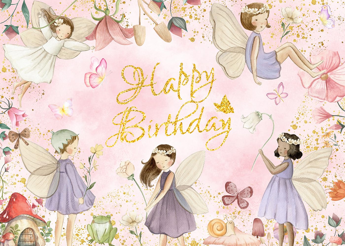 DULUDA 7x5 FT Floral Fairies Garden Glitter Birthday Backdrop Fairy Birthday Party Decorations Fairy Happy Birthday Fairy