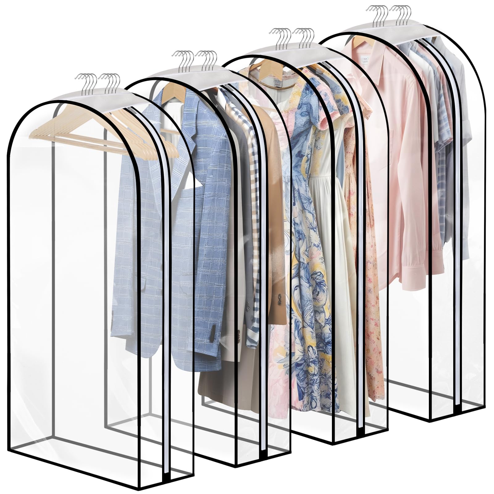 Dntorx 4 Stück Kleidersack, 127 x 60 cm Kleidersäcke mit 25.5 cm Seitenfalten, Voll Transparente Kleiderschutzhülle mit Seitlichem Reißverschluss Kleiderhülle für Anzug Hemd Kleider Mantel