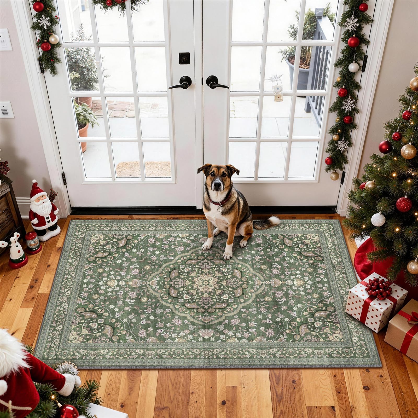Vintage Entryway Rug 60x90cm Green Rugs for Hallway Bedroom Doorway Bedside