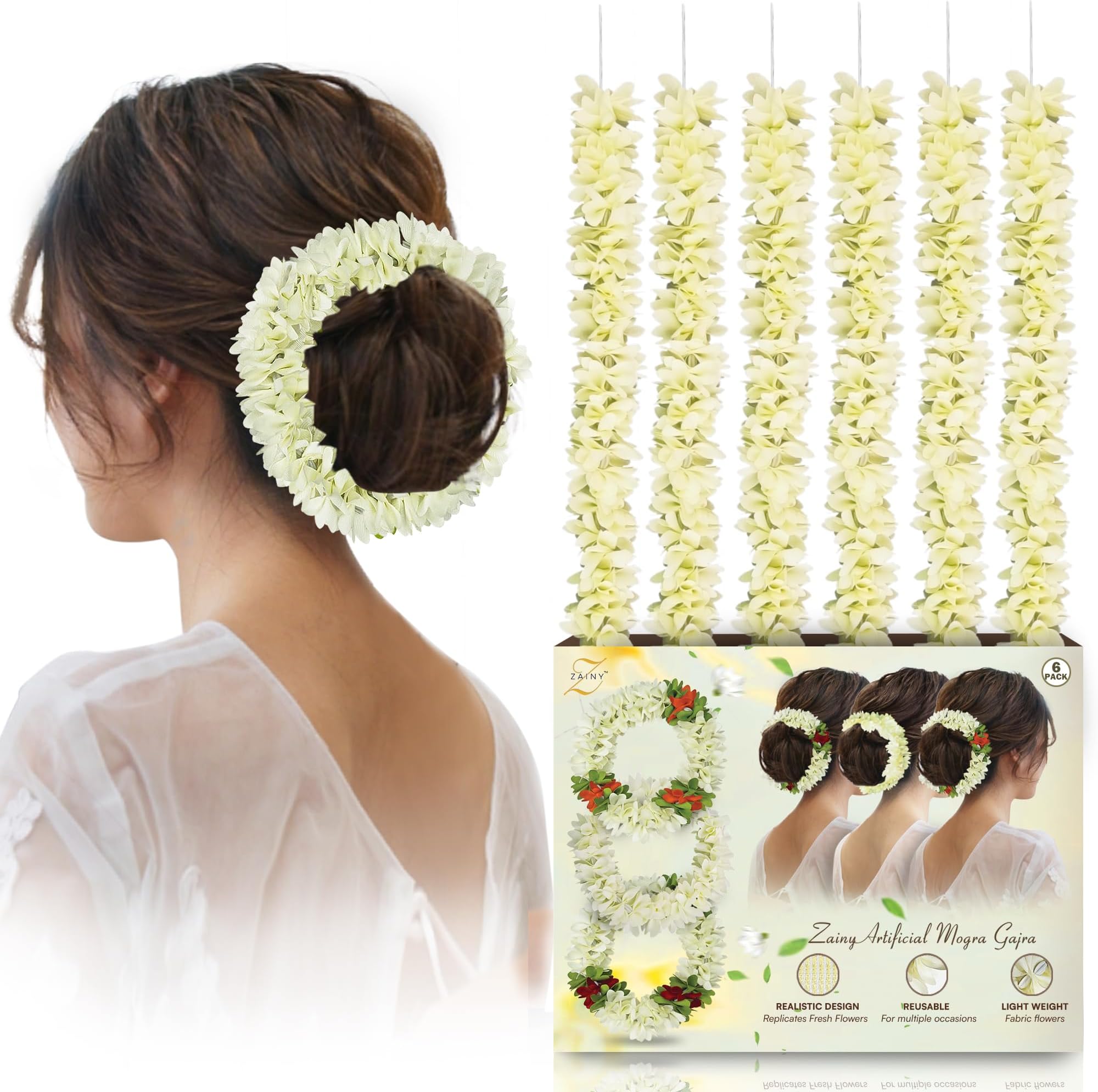 ZAINY 6 Pack Mogra Gajra for Hair Indian Bun, Artificial Fabric Jasmine Flowers Hairbun, White Hair Flowers for Women, Reusable Traditional Veni, Hair Accessories Gajra Bracelet, Juda and Wedding