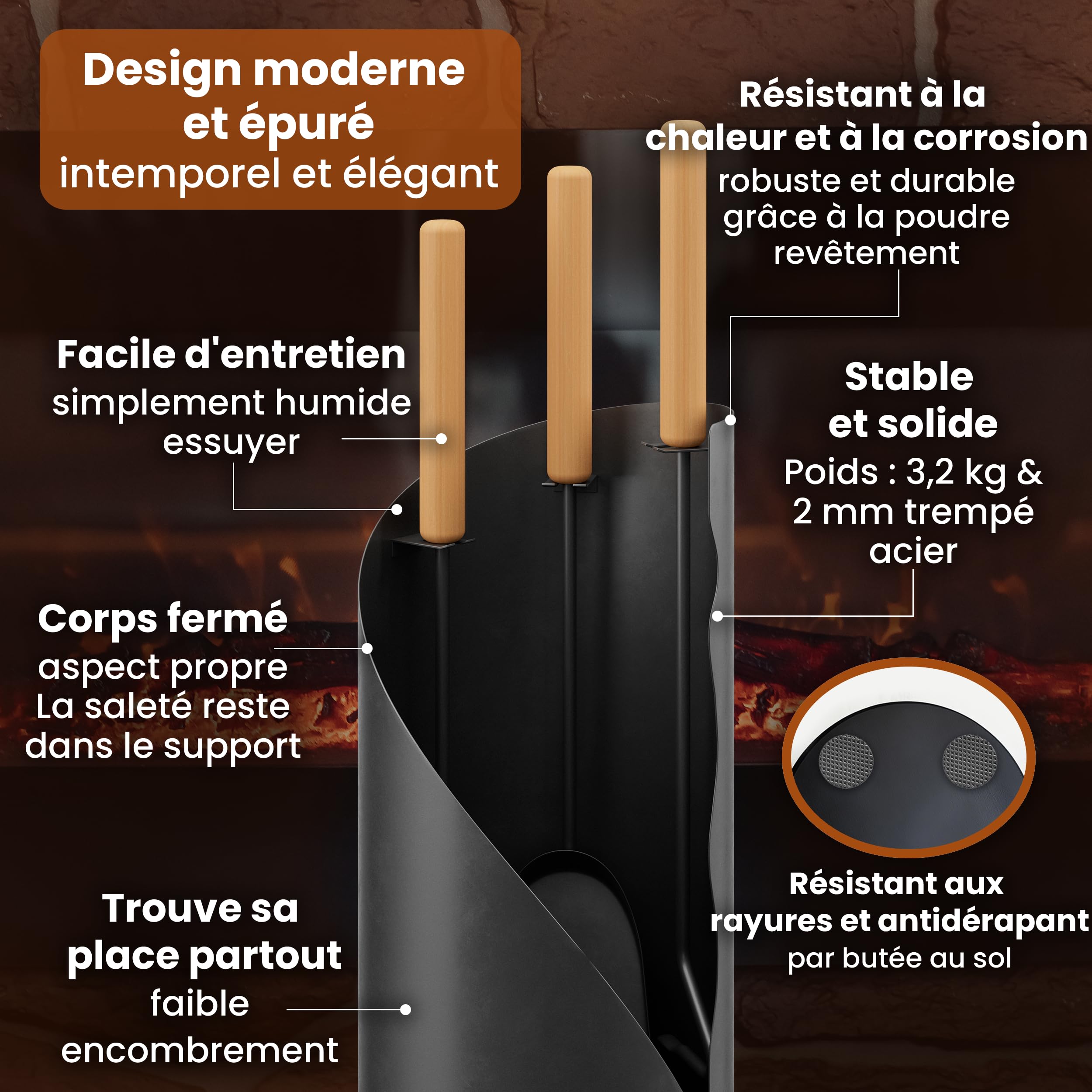 BLACK OAK Ensemble d'accessoires pour cheminée VAIL 4 pièces - ensemble moderne d'ustensiles pour poêle noir avec manche en bois 4 pièces comprenant pelle à cendre, balai à cheminée + support moderne
