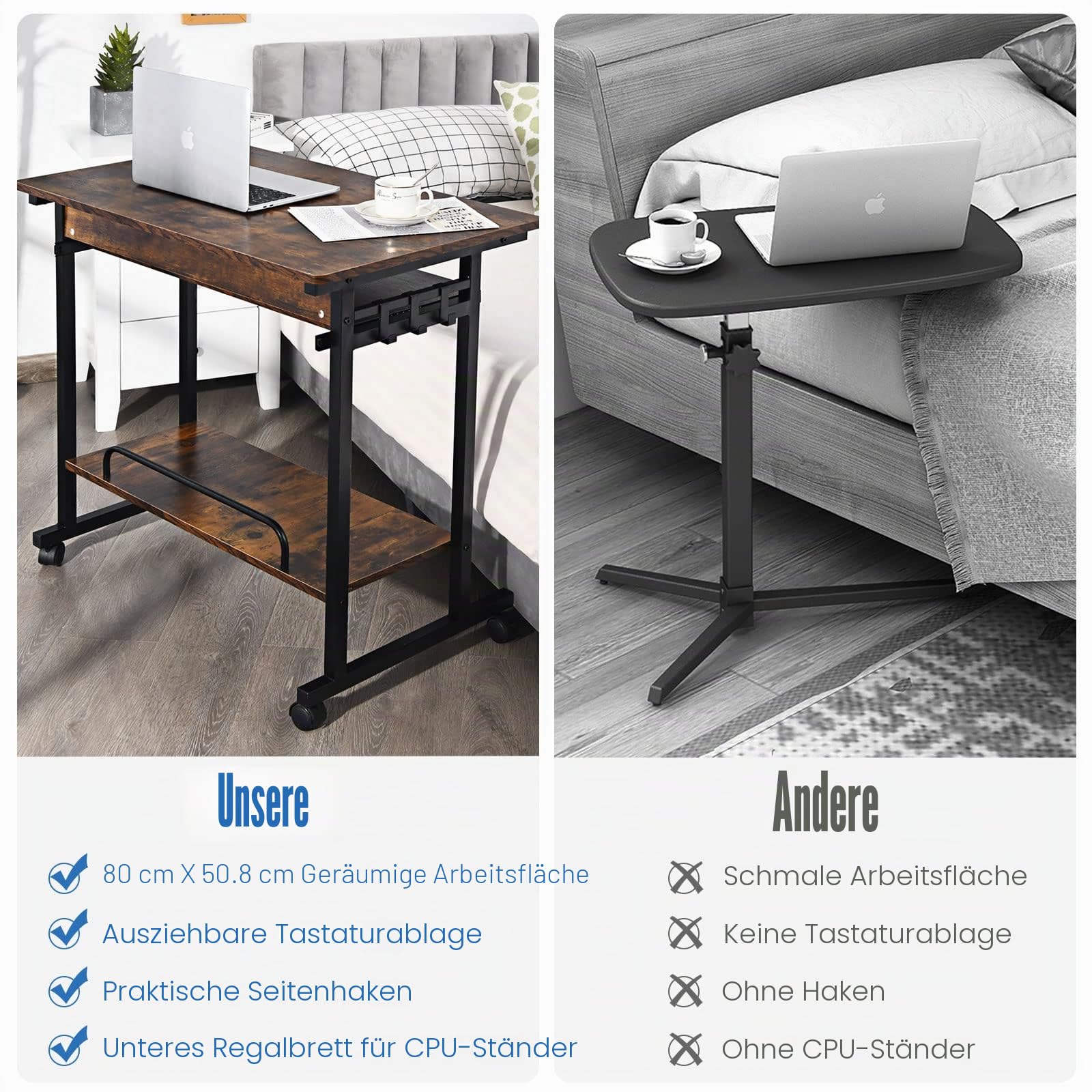 GIANTEX Mobiler Computertisch mit Rollen, Schreibtisch mit breiter Arbeitsfläche, Tastaturauszug, CPU-Ständer & Haken, industrieller PC-Tisch, für Zuhause & Arbeitszimmer, 80 x 50 x 75 cm (Braun)