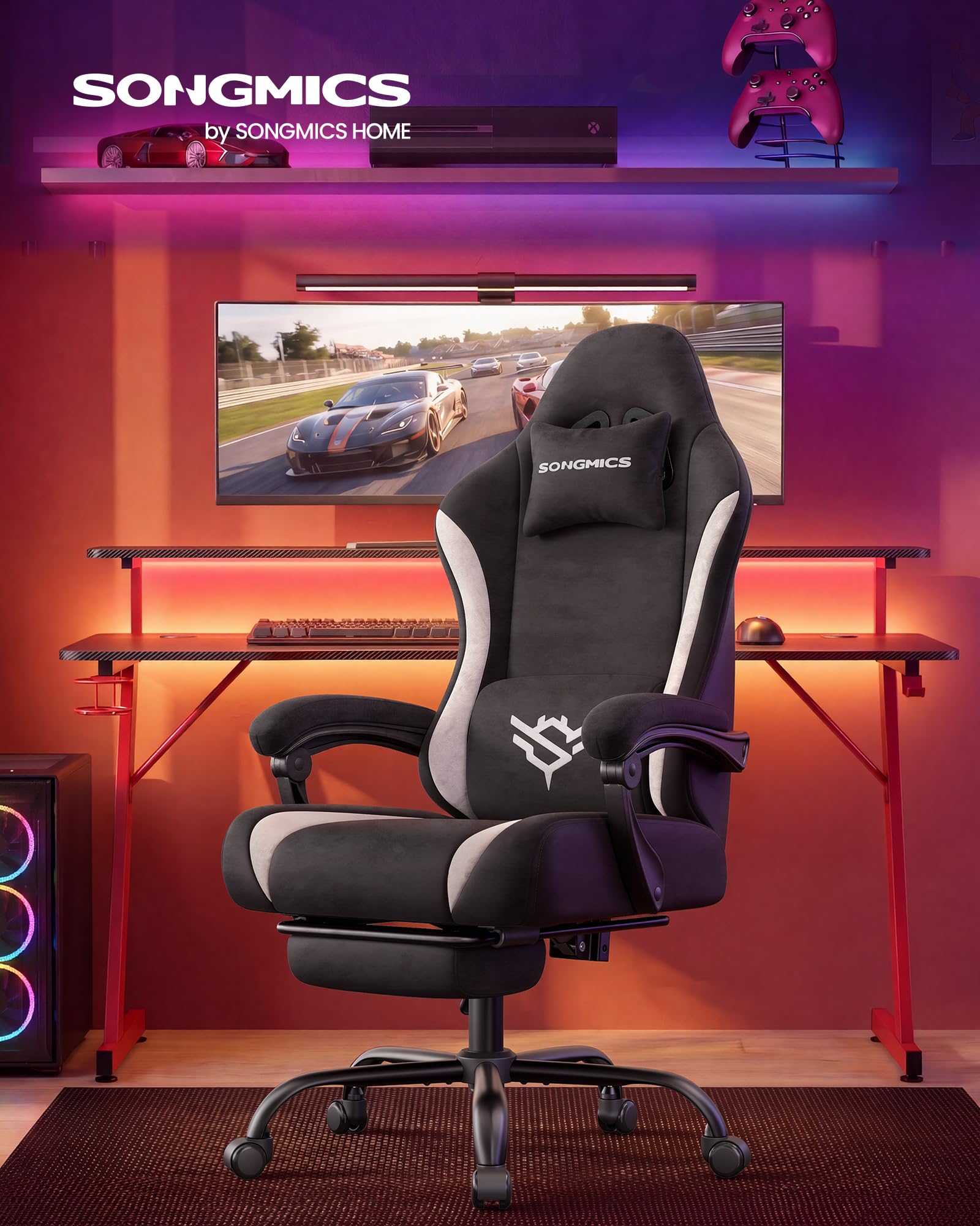 SONGMICS Silla Gaming, Silla de Escritorio Ergonómica de Poliéster, Reclinable 135° con Reposapiés, Soporte Lumbar, 70 x 70 x 120-130 cm, Negro y Blanco, Colección Cathy OBG092BH01