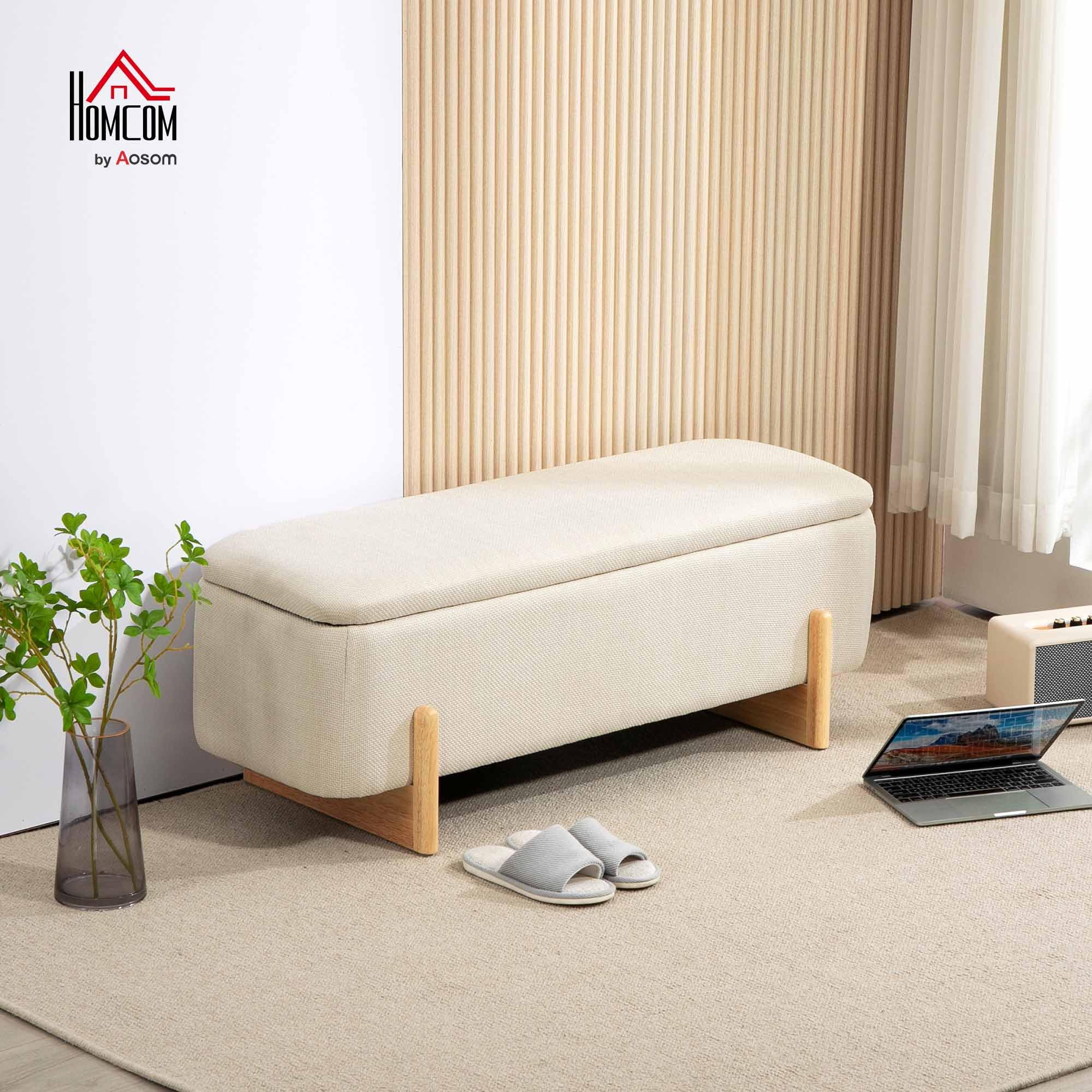 HOMCOM Panca con vano portaoggetti, panca imbottita effetto lino, cassapanca con cerniera di sicurezza, gambe in legno, per soggiorno, camera da letto, corridoio, 111 x 44 x 44,5 cm, bianco crema
