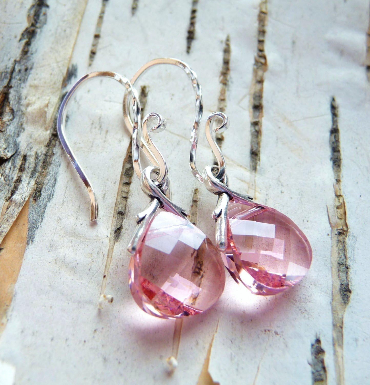Swarovski Rose Pink Crystal Earrings, Pastel Swarovski Glass Teardrop Briolettes, Sterling Silver