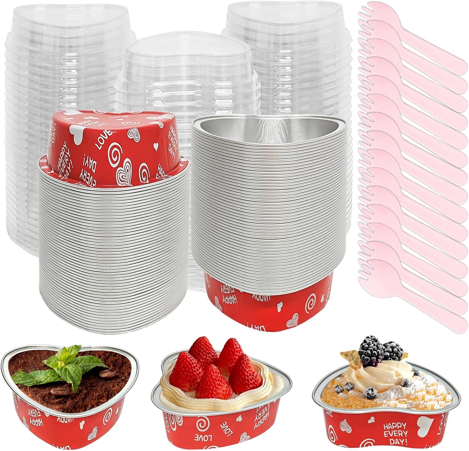 200 Pack Disposable Aluminum Foil Cupcake Baking Cups with Lids Spoons
