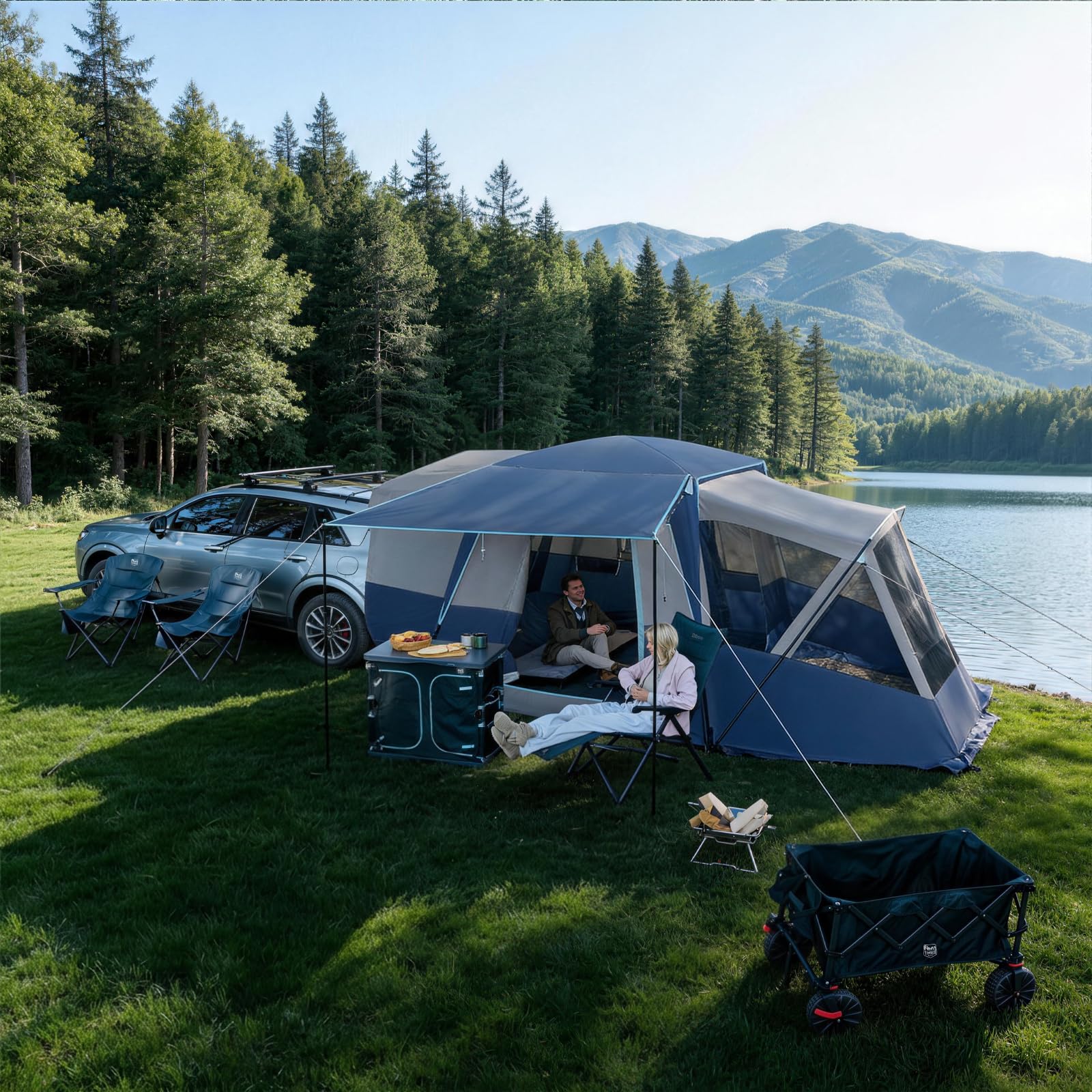 Timber Ridge Heckzelt Auto 5 Personen mit Sonnensegel Autozelt Heckklappe | 397cmx305cmx220cm 3000 mm Wasserdicht Camping Zelt SUV mit Vorzelt für Wohnwagen Familie Reise