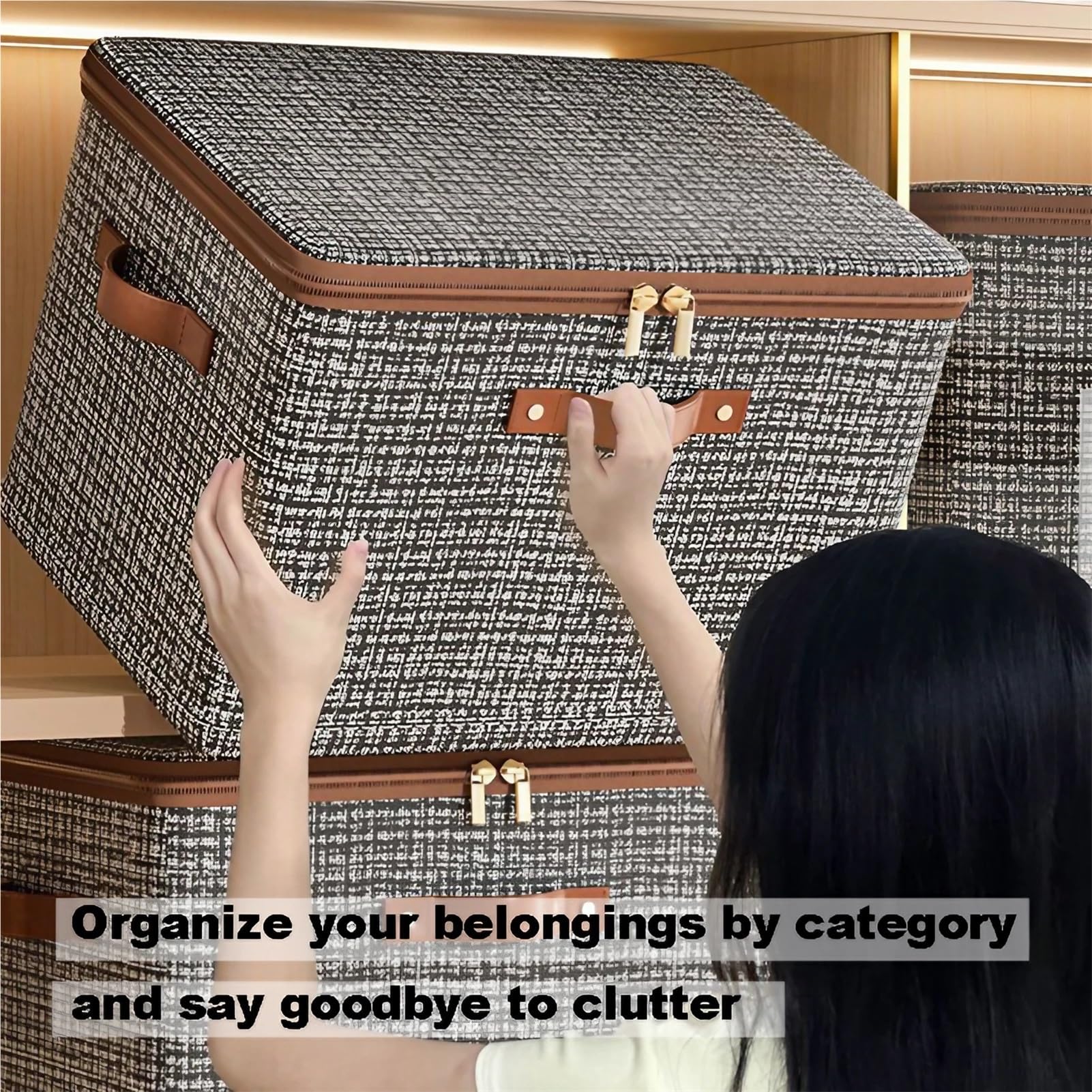 Cajas de Almacenamiento Apilables de Tela con Tapas, Caja de Cubo Plegable con Manijas/Gray/49 * 37 * 31 cm