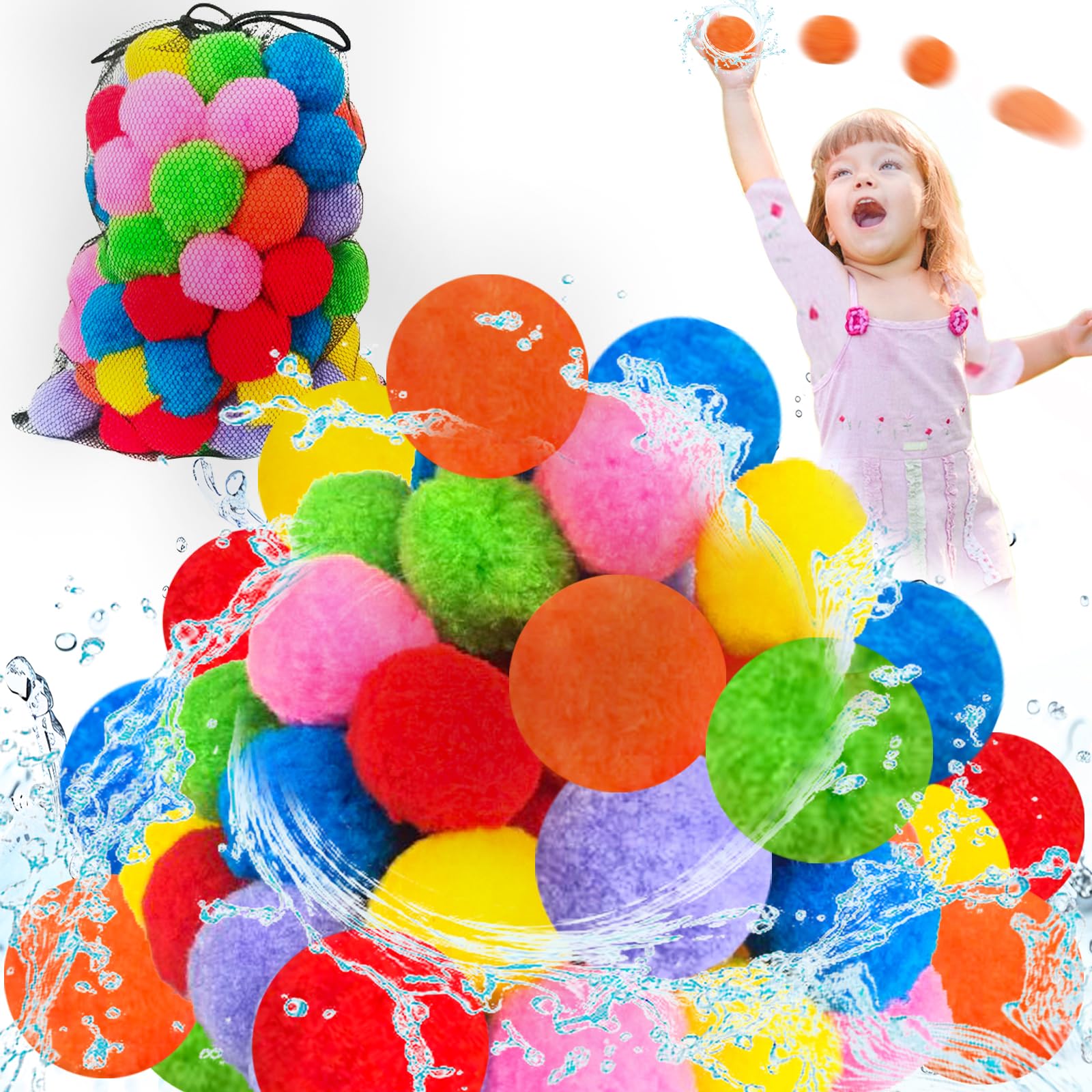 100PCS Reusable Water Splash Balls,2.4 Inch Soft Soaker Ball Fake Snowballs for Kids Outdoor Water Fight Games,Pool Backyard Fun with 1 Mesh Bag