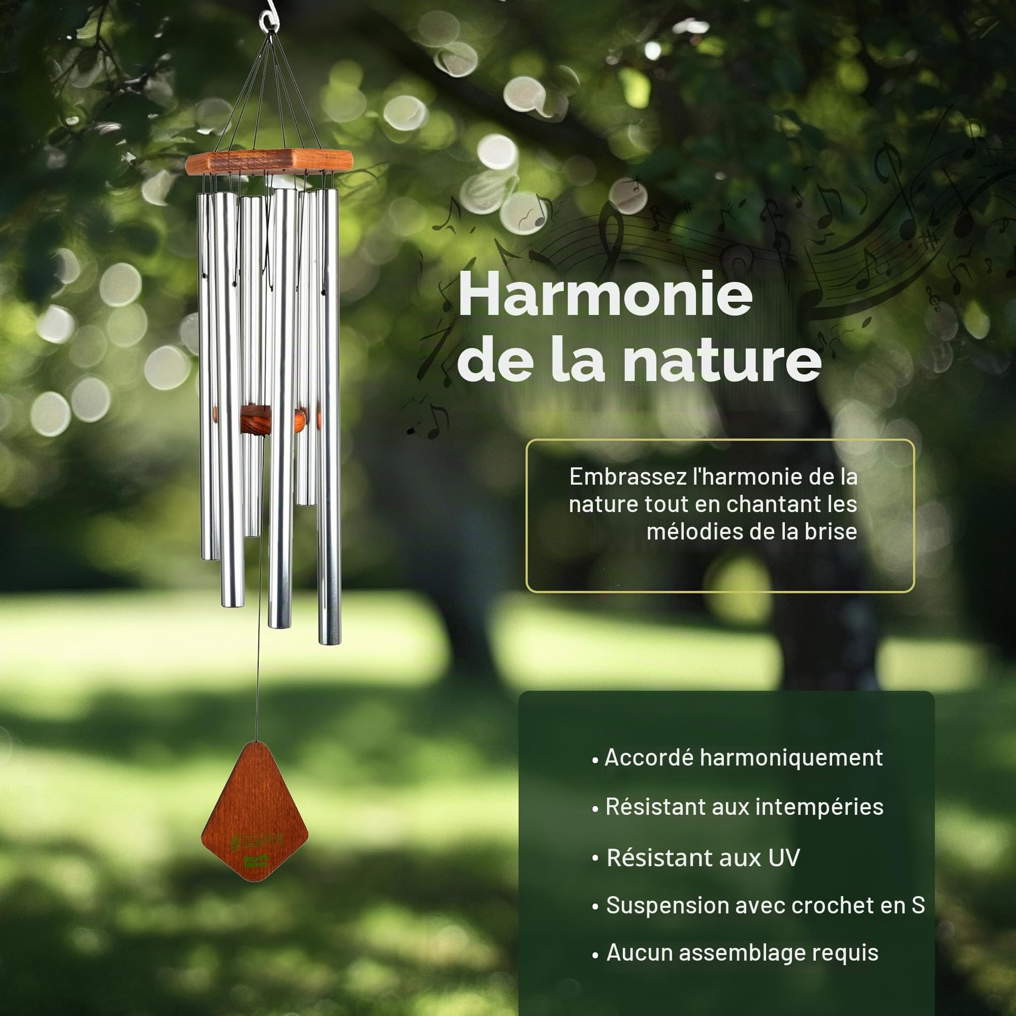 Nature's Melody Premiere Grande Tunes Carillon éolien – Carillon d'extérieur avec 6 Tubes accordés à l'échelle pentatonique E, Aluminium antirouille, Bois de hêtre et Crochet en S pour condoléances,