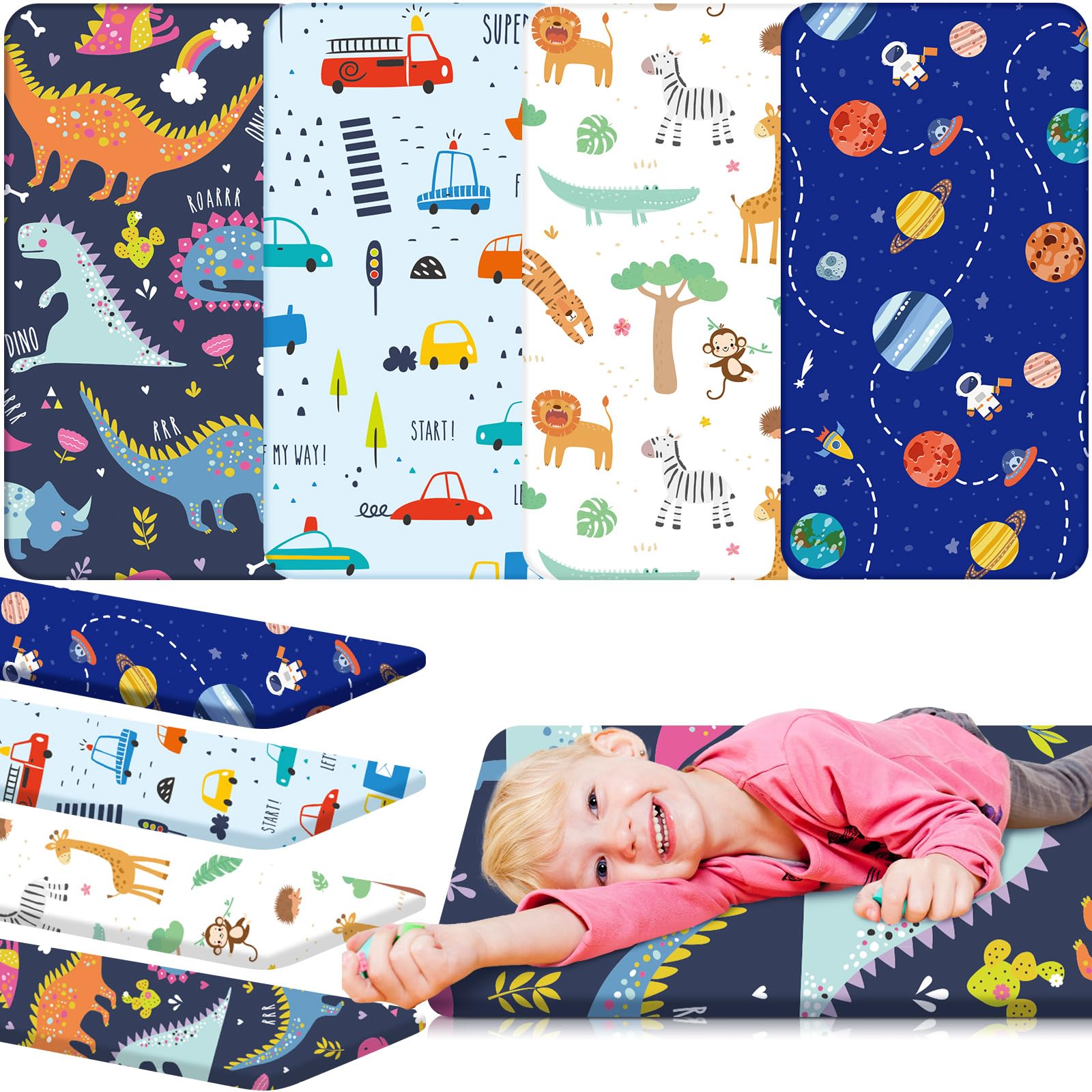Mixweer 4 Pcs 19 x 45 x 2 Inches Daycare Crib Fitted Sheets for Toddler and Preschool Nap Mat Sheets for Boys Soft Breathable Nap Pad Cover Cot Sheet Fit with Sized Nap Mat Measuring 19 x 44 Inches