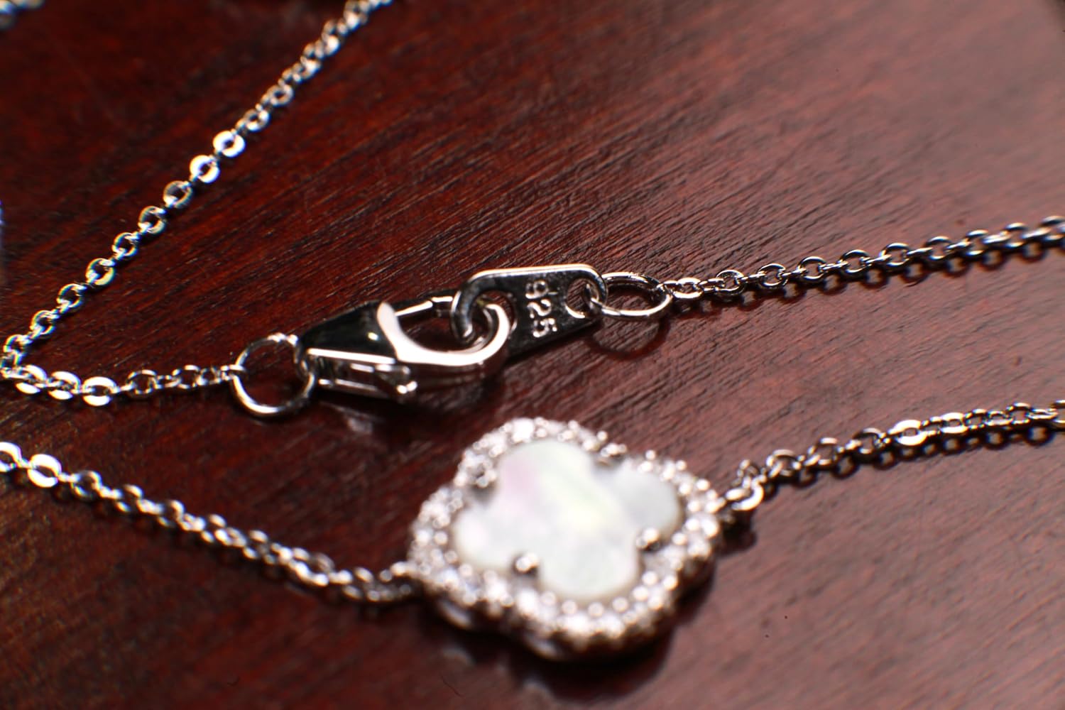 925 Sterling Silver White Mother of Pearl Four Leaf Flower Charm CZ Adjustable 7”to 8.25" Silver Bracelet, Love charm