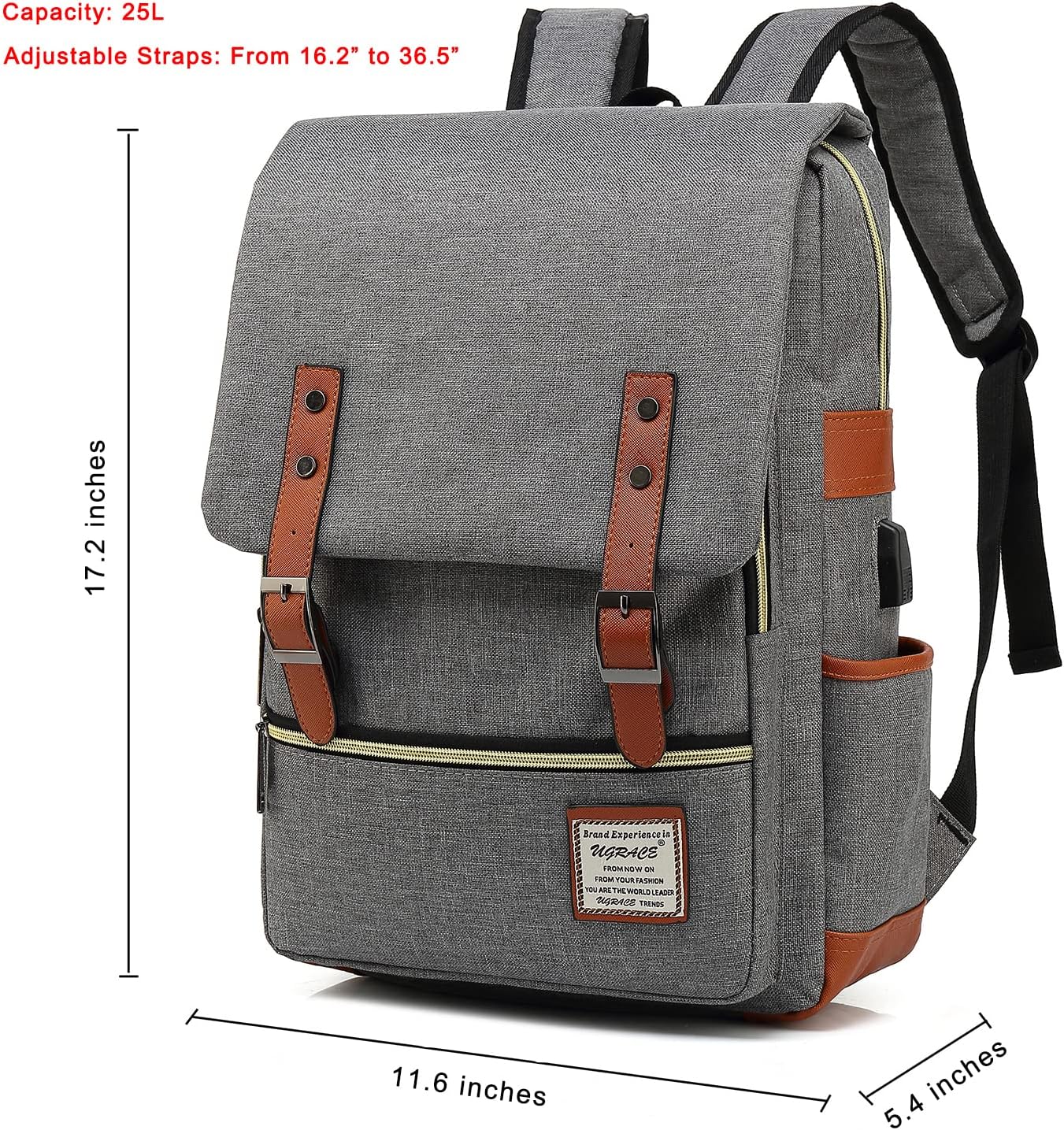 UGRACE Laptop Backpack, Grey, Unisex, 15.6" Laptop Compartment, 6 Compartments, USB Charge Port, Adjustable Shoulder Strap, PU Leather Belt