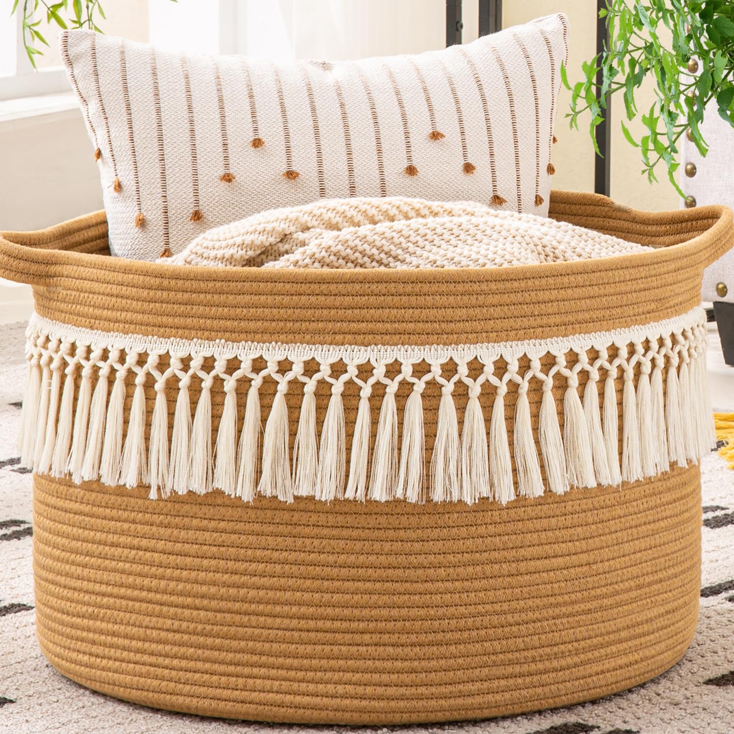 KAKAMAY Large Blanket Basket with Handles, Storage Basket for Living Room