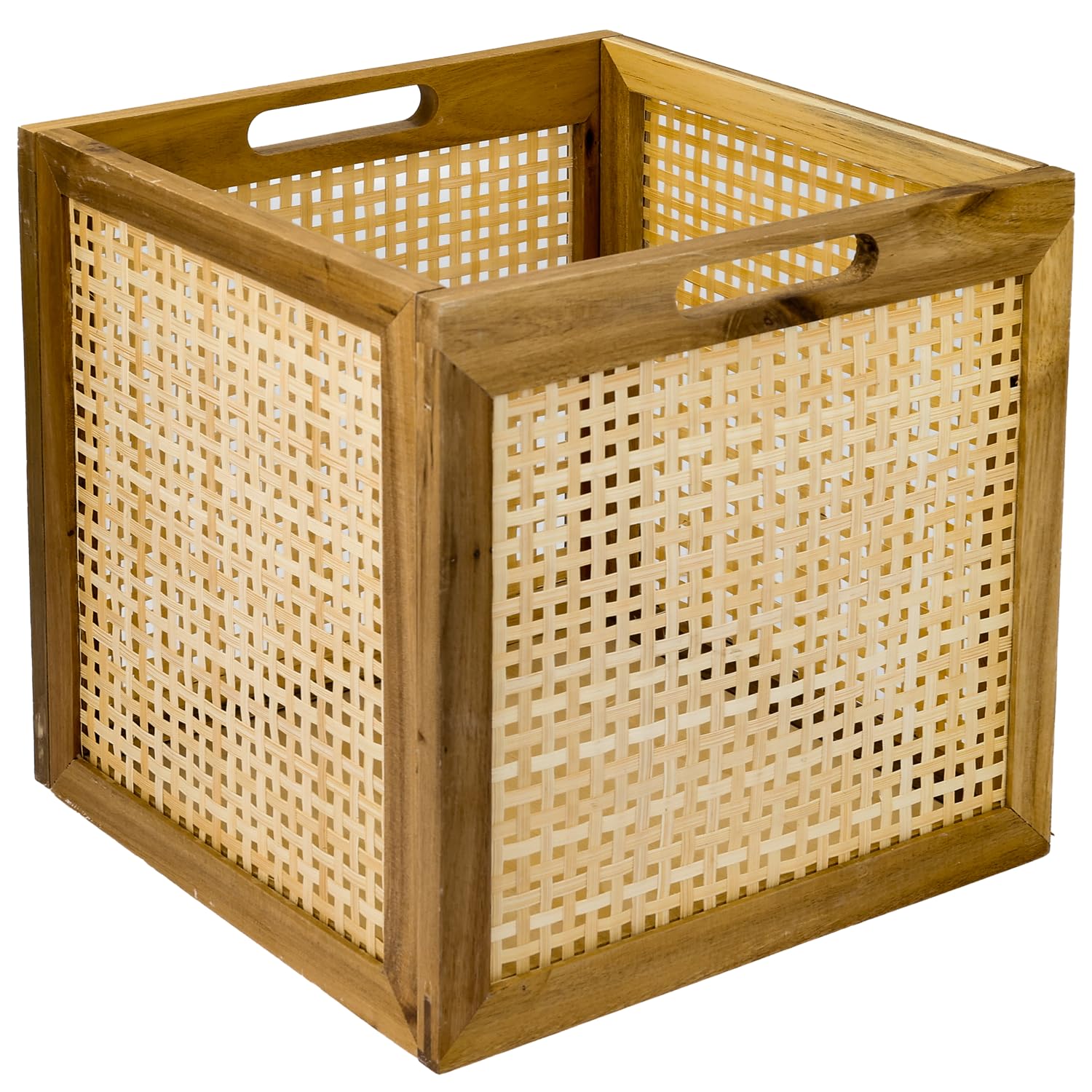 HMF Cesto portaoggetti adatto per scaffali Kallax, cesto in rattan con vimini viennese e legno di acacia, modello 3, 32 x 34 x 32 cm