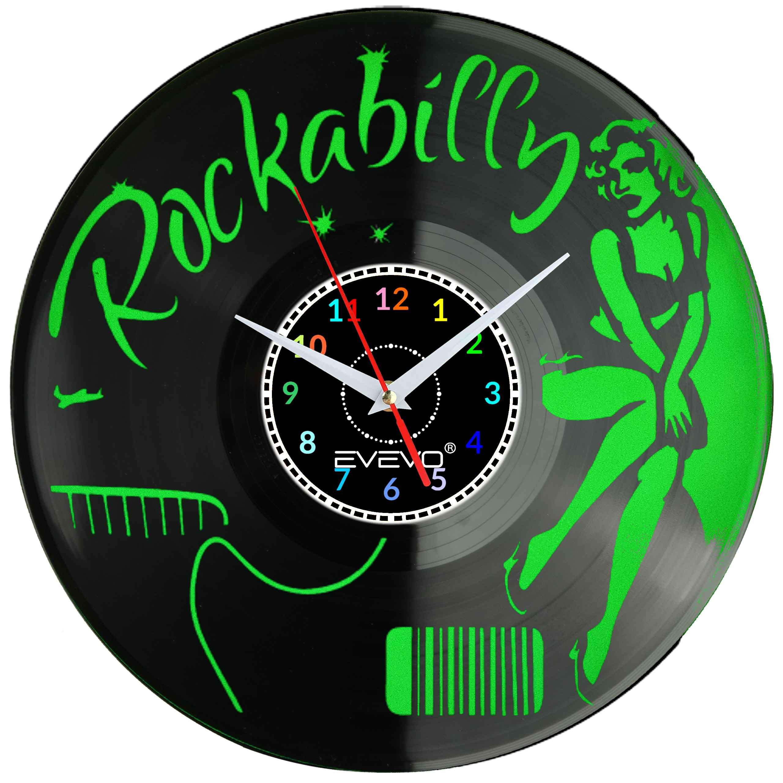 ZEGAR ŚCIENNY ROCKABILLY ROCK 'n' ROLL FLUORESCENCYJNE TŁO PŁYTA WINYLOWA PREZENT UPOMINEK URODZINY EVEVO F0017