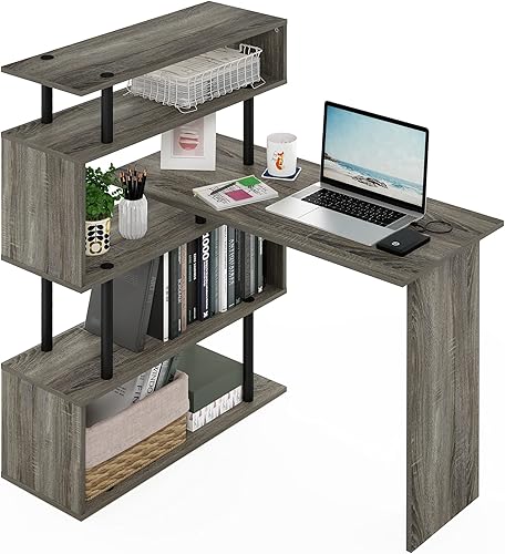 Miniatura 91 de Furinno Abbott - Escritorio para computadora en forma de L con estantería de tubos de acero inoxidable, americano/cromado 2-Roble