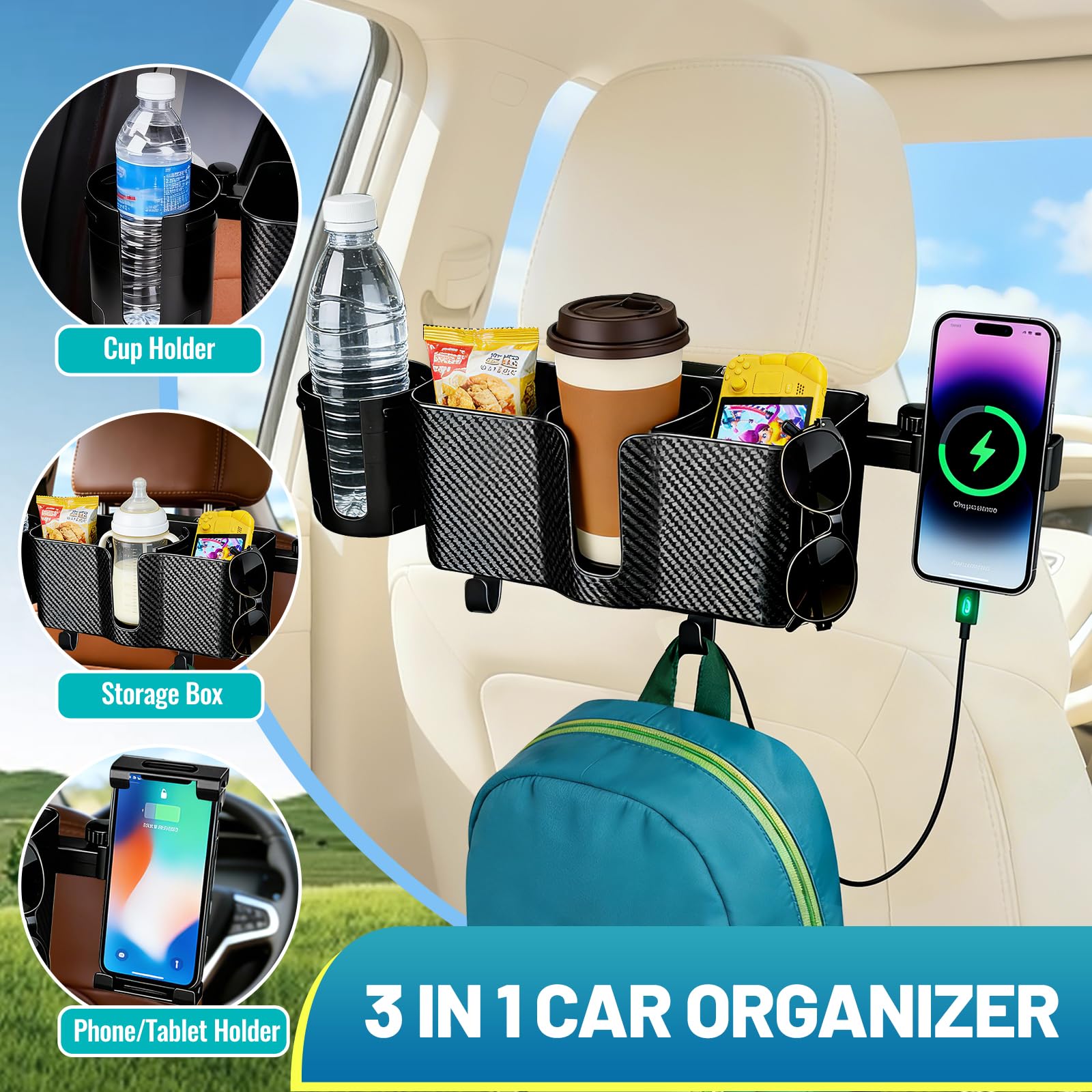 Auto Kopfstütze Rücksitz Aufbewahrungsbox mit Getränkehaltern, Rücksitz Auto Organizer Tablet Telefonhalter mit Haken, verstellbar 3-in-1 Multifunktionaler Auto Essensschale für Reisezubehör