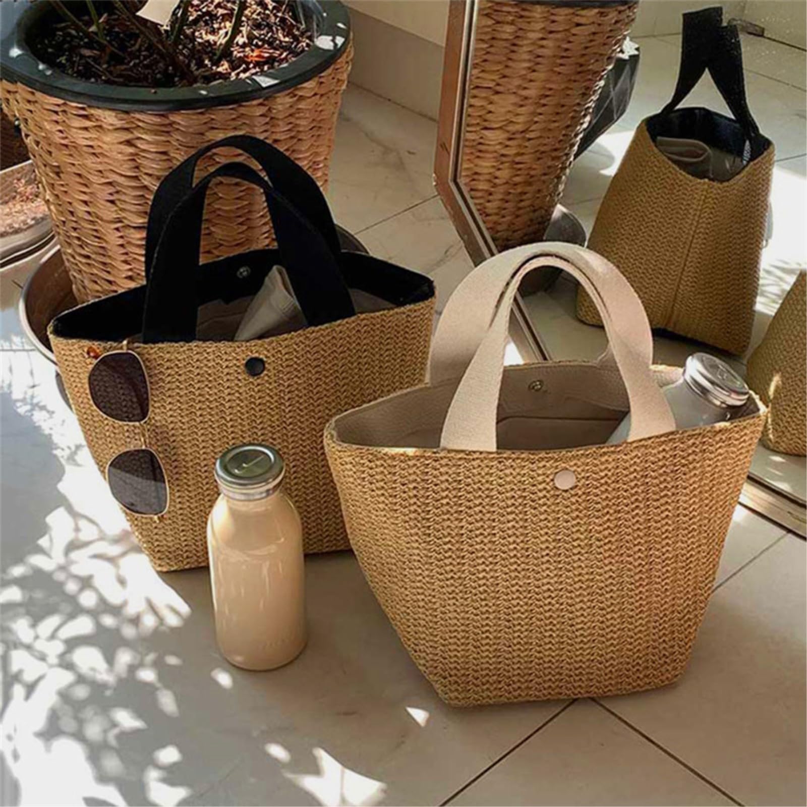 Strohtasche Damen Strandstroh Gewebt Schulter Crossbody Tasche, Frauen Sommer Rattan Eimer Handtasche-Black
