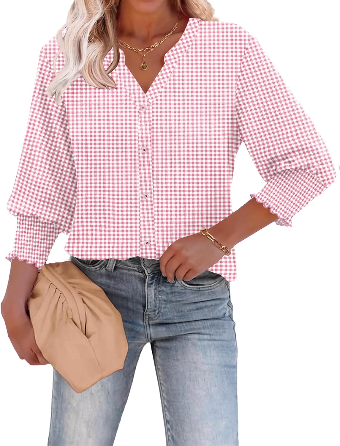  Button Down Shirts for Women 3/4 Length Sleeve Business Casual Blouses 2026 Summer Tops thumbnail