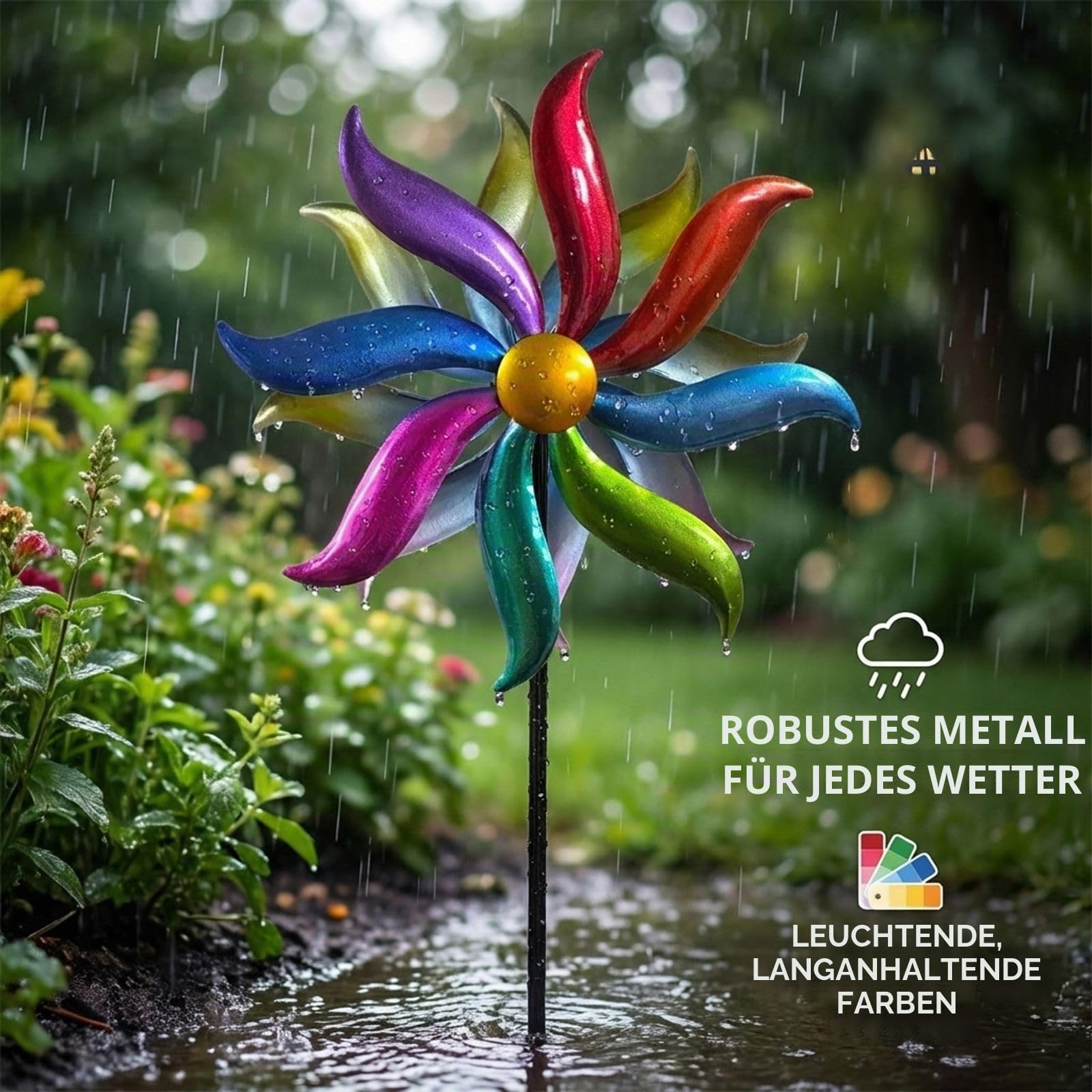 Kremers Schatzkiste Windrad Garten Metall bunt kugelgelagert Windspiel Ø 30 cm / 120 cm mit Erdspieß | Wetterfeste Gartendeko für Beet, Rasen & Terrasse | Vogelabwehr