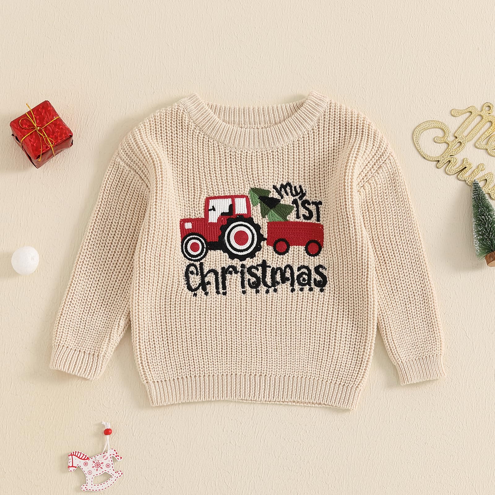 Baby Jungen Mädchen Weihnachten Pullover Christmas Stickerei Pullover Baby Unisex Weihnachtspulli Langarm Rundhalsausschnitt Buchstabenstickerei Weihnachten Strickpullover