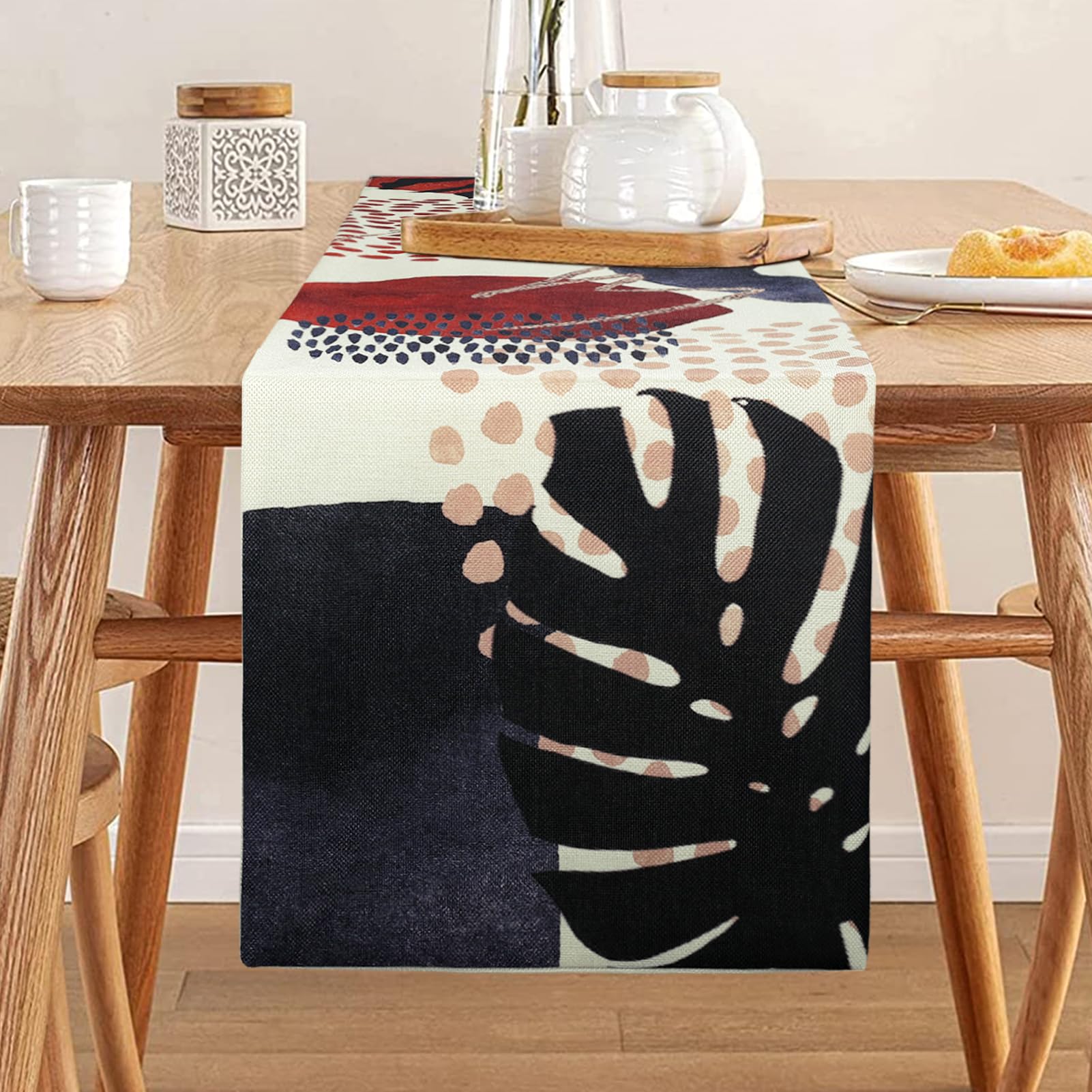 Camino de Mesa, Rojo Negro Azul Marino Hojas Plantas Tropicales Decoración de Mesa Boho Resistente al Calor Mantel de Lino de Algodón para Mesa de Comedor Fiesta Banquete Festivo Boda 33 x 183 cm