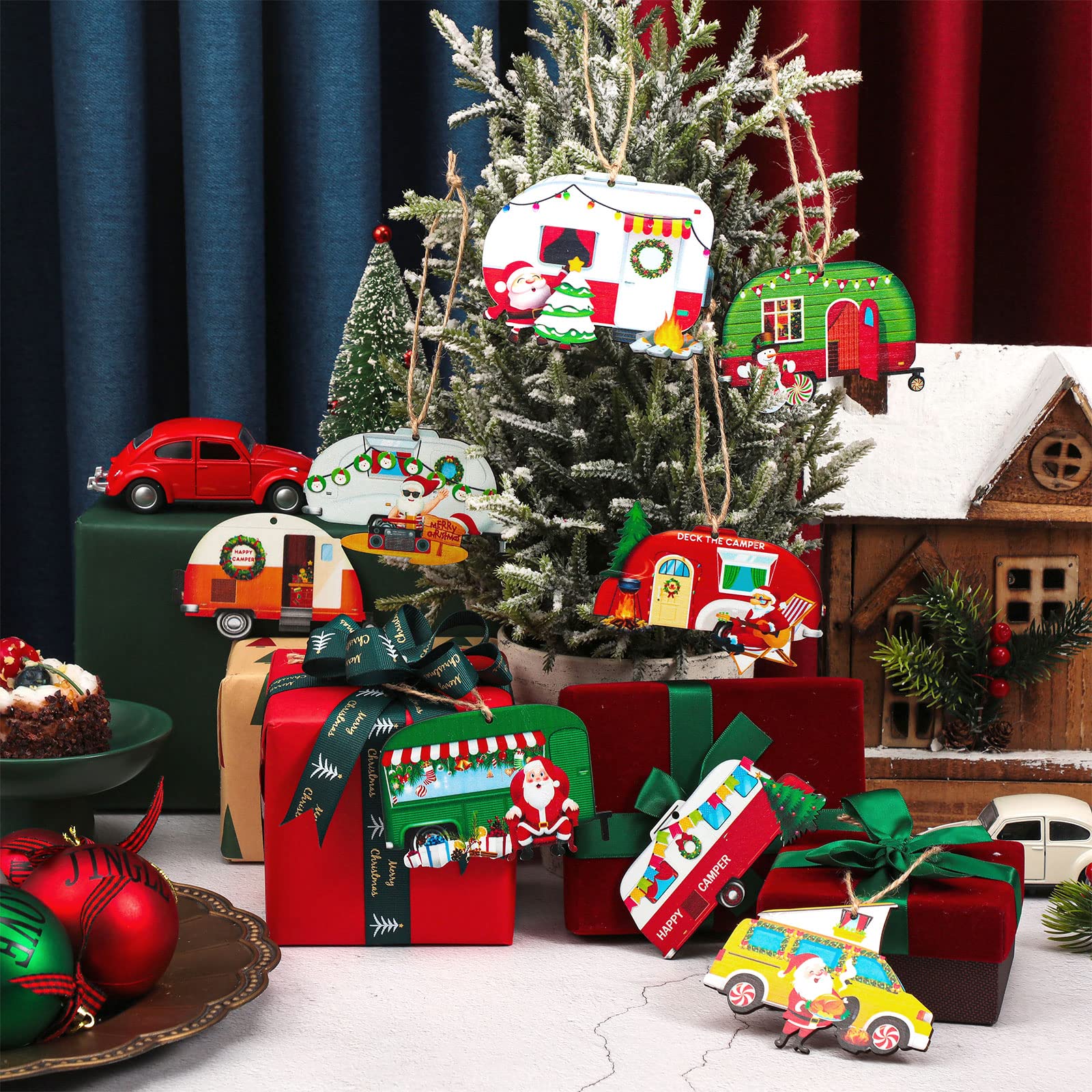 Spiareal 32 Stück Weihnachten Camper Ornamente Holz Camping RV Weihnachtsbaum Dekorationen Wohnwagen Anhänger Hängende Ornamente für Home Party Urlaub Weihnachten Handwerk