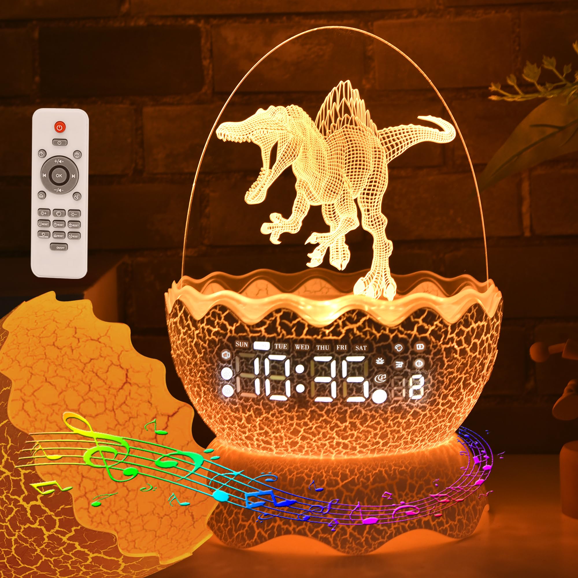 Spinosaurus Egg Alarm Clock Night Light, Music & White Noise Aid Sleep Machine, Decor Ideal & Unique Clock for Bedroom/Living Room/Working Table, Gifts for Adult/Kids (Multicolour)