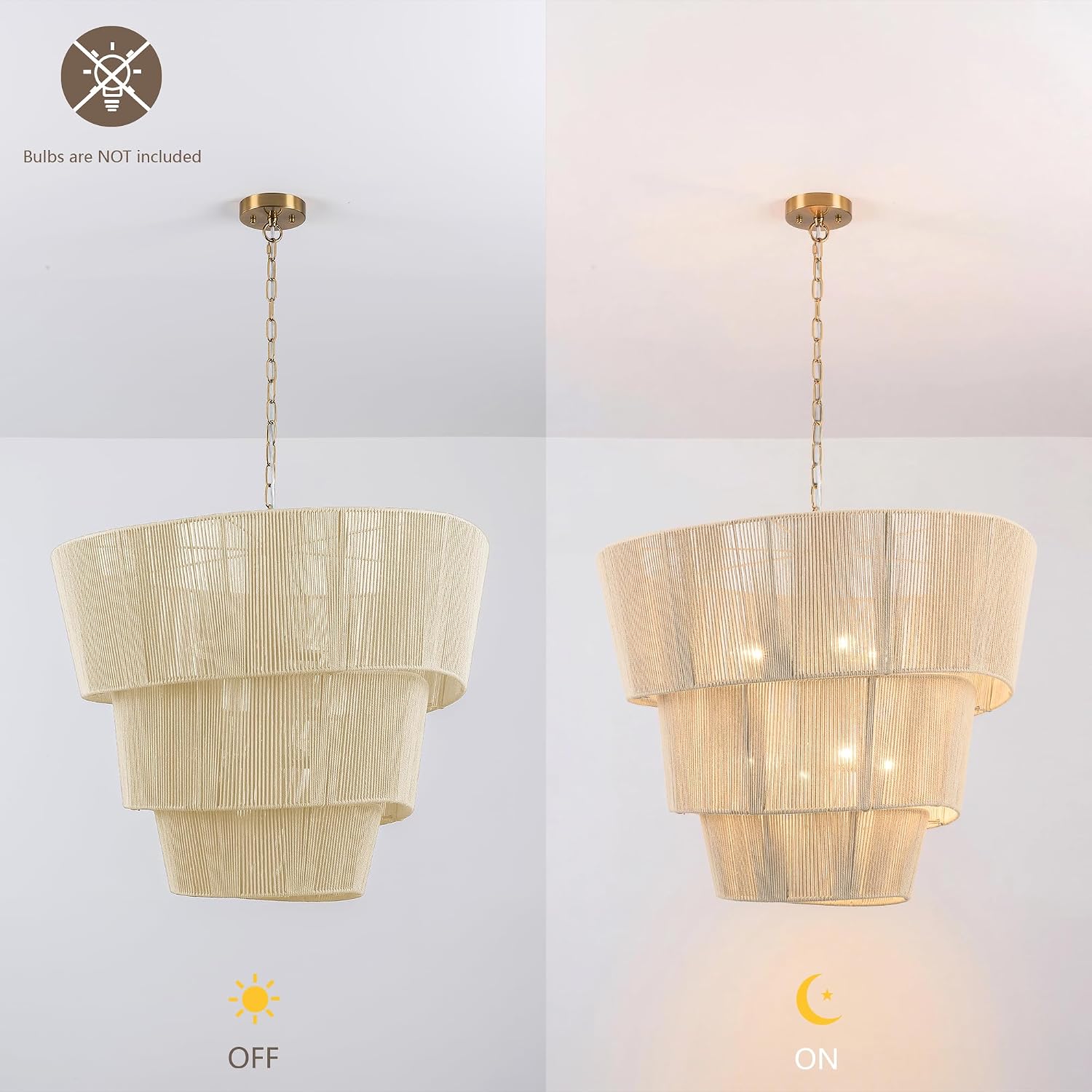 Maxax 8-Light Cream Woven Rope Chandelier, 3-Tier Boho Gold Pendant Light Fixture Large Ivory Rattan Style Hanging Lamp for Dining Room Living Room, E12 Base