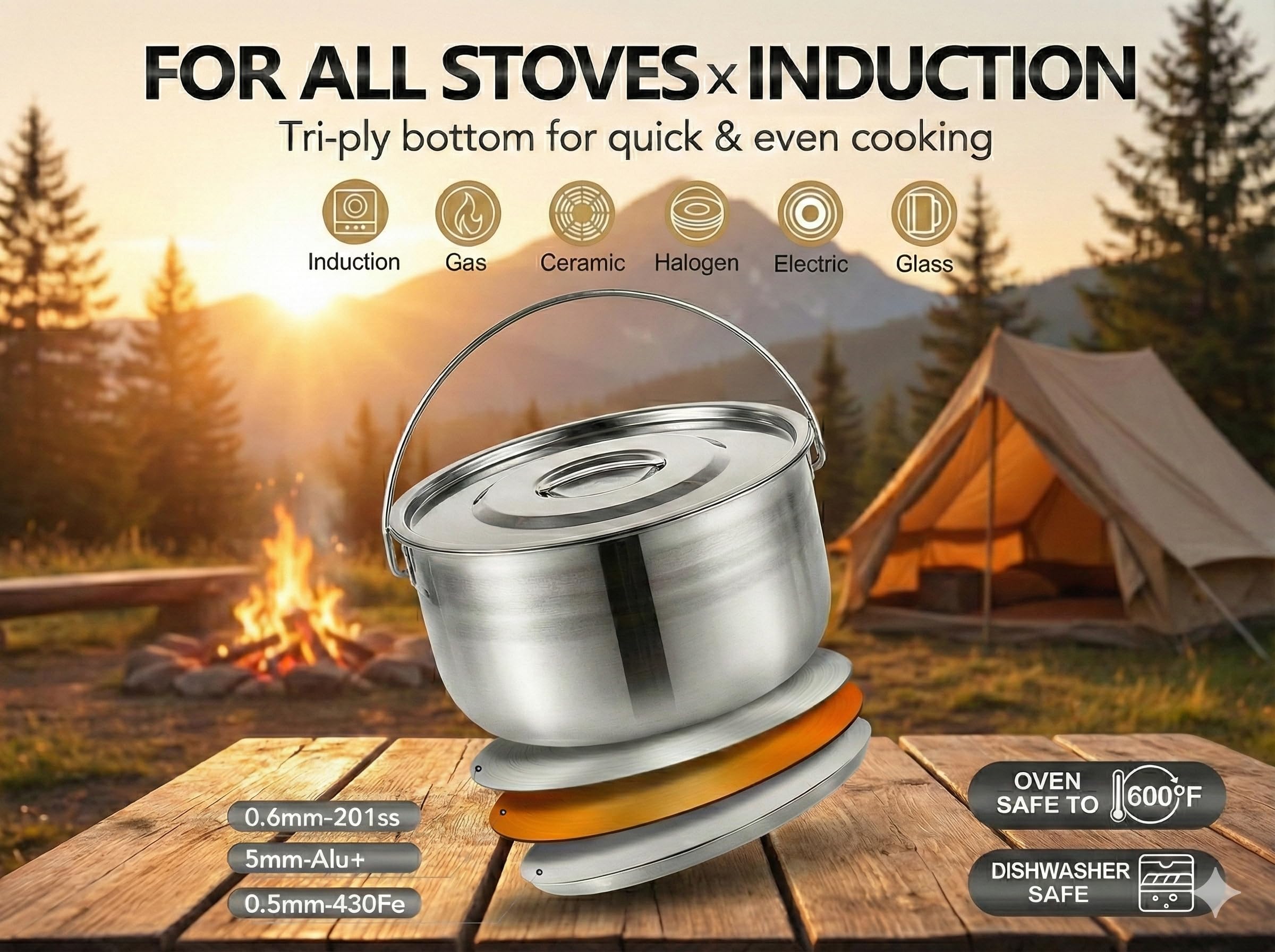 Camping-Kochgeschirr-Set – Kompaktes Edelstahl Lagerfeuer Kochtöpfe und Pfannen | Kombi-Set mit Reisetasche | Robustes Outdoor-Kochset zum Wandern | Grillen | Strand