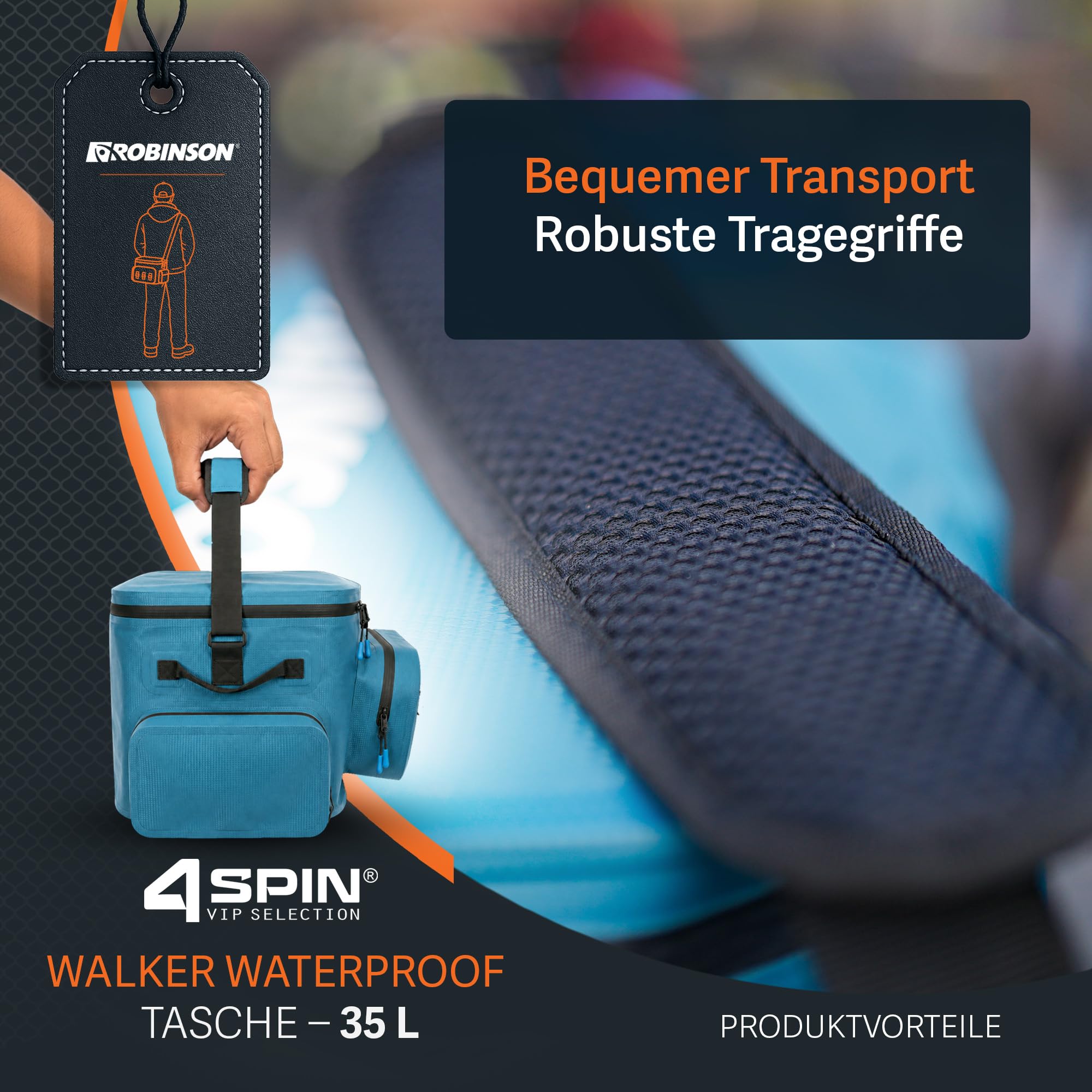 Robinson wasserdichte Angeltasche - Leichter Angelrucksack mit Rutenhalter, 100% versiegelt, viele Befestigungspunkte, robust, ideal zum Spinnfischen & Watangeln - Walker 4Spin