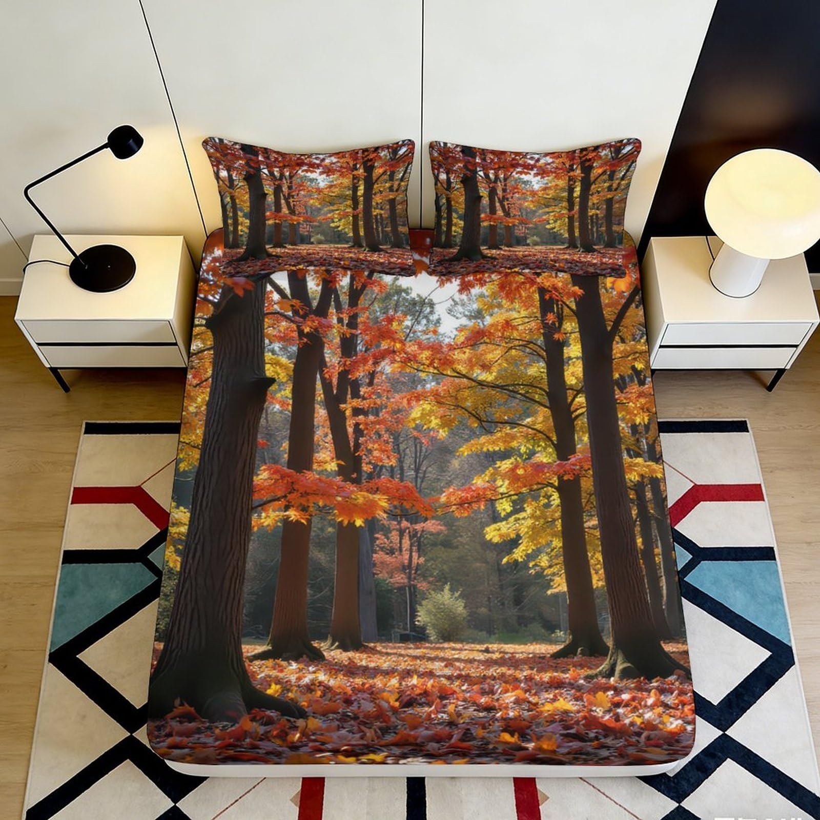 3D Printed Autumn Forest Fitted Sheet Microfiber Soft Breathable Woodland Path Mattress Cover for Bedroom Decoration 90x200x25cm