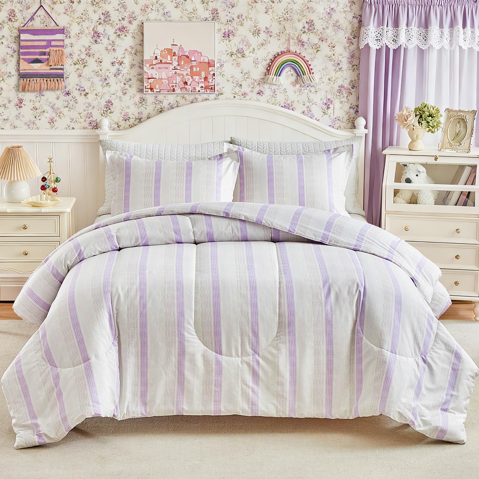 Joyreap 3pcs Cotton Comforter Set Queen, Purple Stripes Stylish Design, Soft Cozy Lightweight Bedding Comforter Set for All Seasons- 88x88 inches