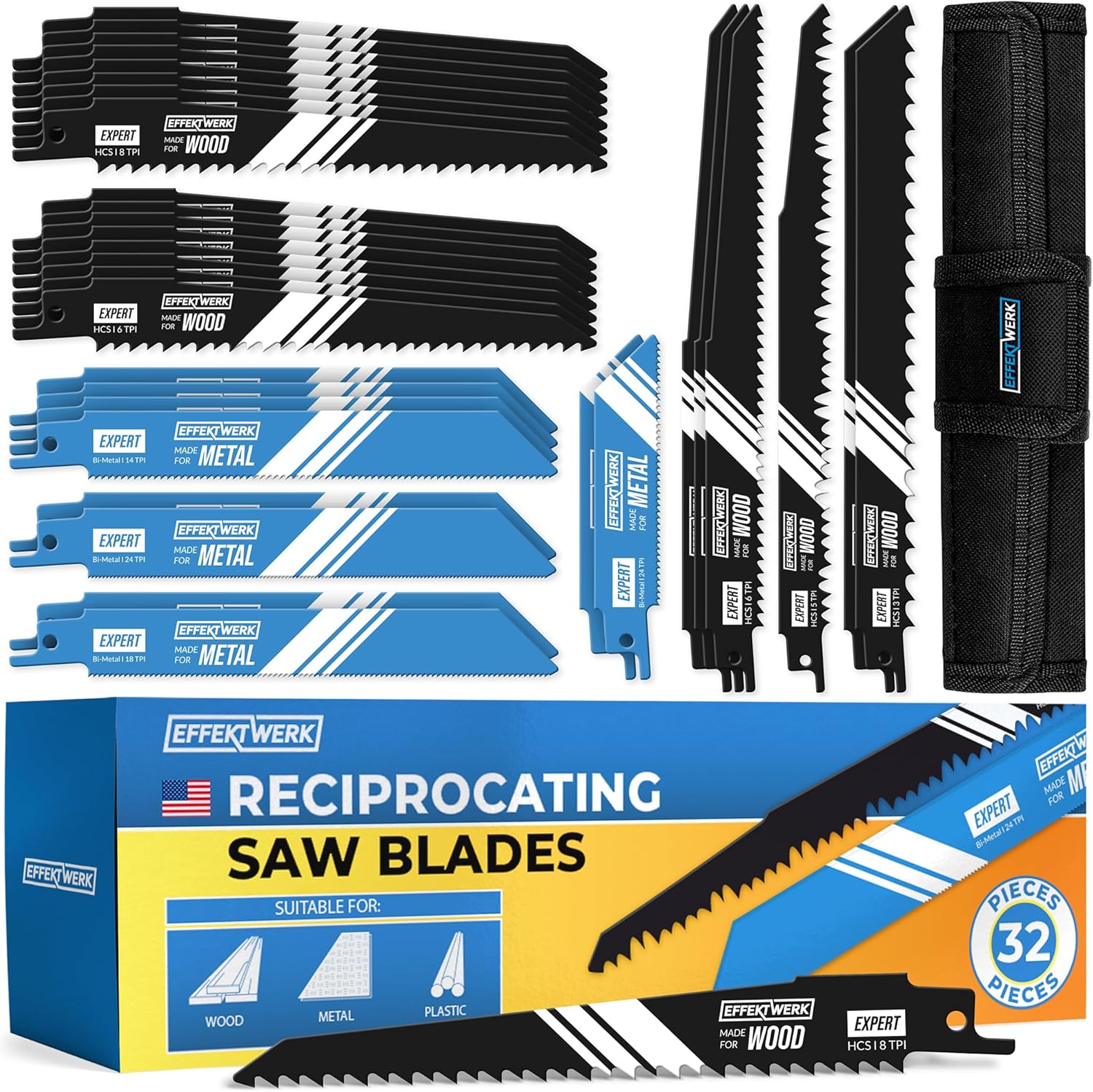E•Werk - Reciprocating Saw Blade Set - 32 Pieces - Carbide Steel Replacement Saw Blades w/Storage Case - HCS (High Carbon Steel) & Bi-Metal Sabre Saw Blades for Wood, Metal & Plastic