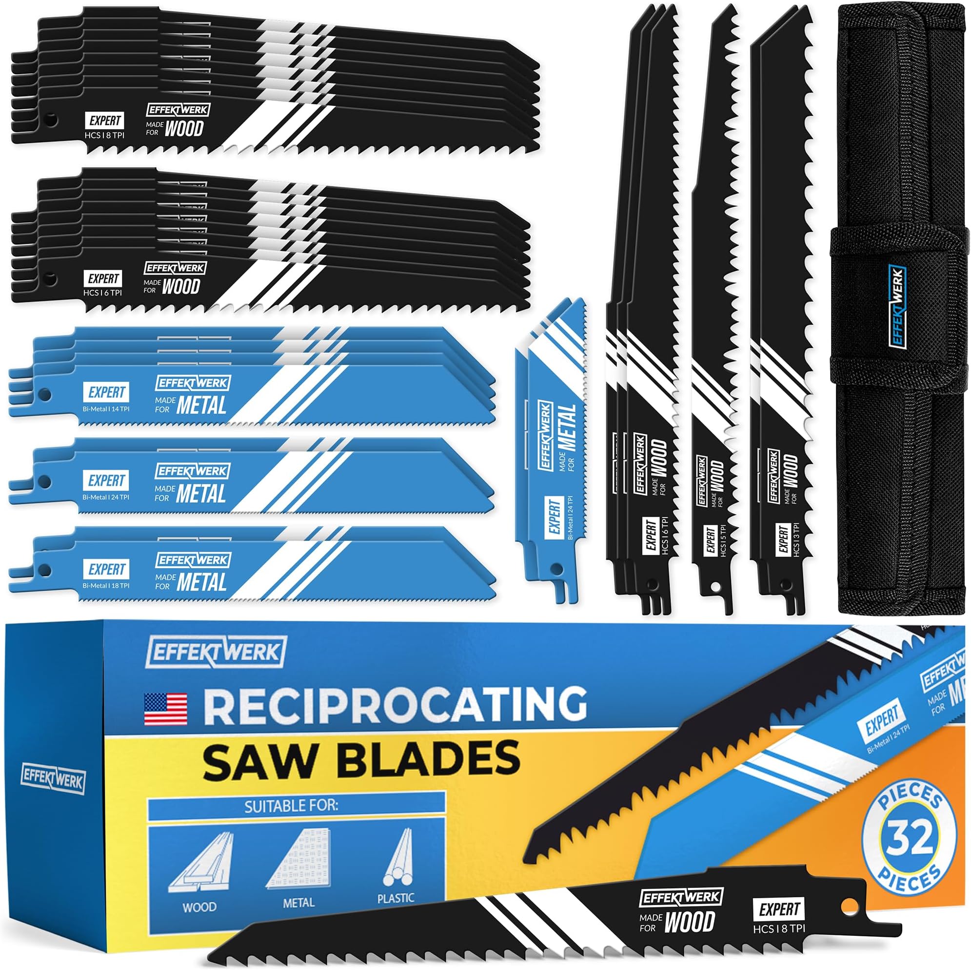 Reciprocating Saw Blades (32 Pieces) w/Storage Case, Carbide Steel Replacement Saw Blade Set for Tree Pruning, HCS & Bi-Metal Sabre Saws for Wood, Metal & Plastic