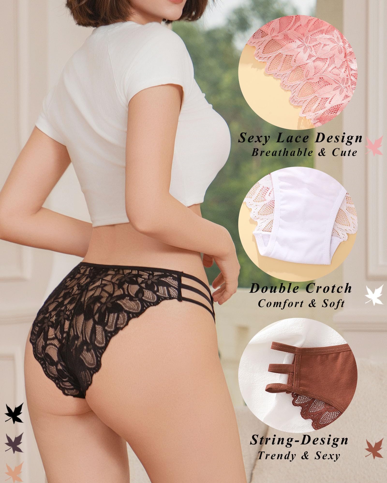READY TO LOVE Sexy Lace String Underwear Women Pack Cheeky Bikini Stretch Breathable Ladies Underwear Panties: Black / Grape Purple / Caramel / Nude / White / Pink Large