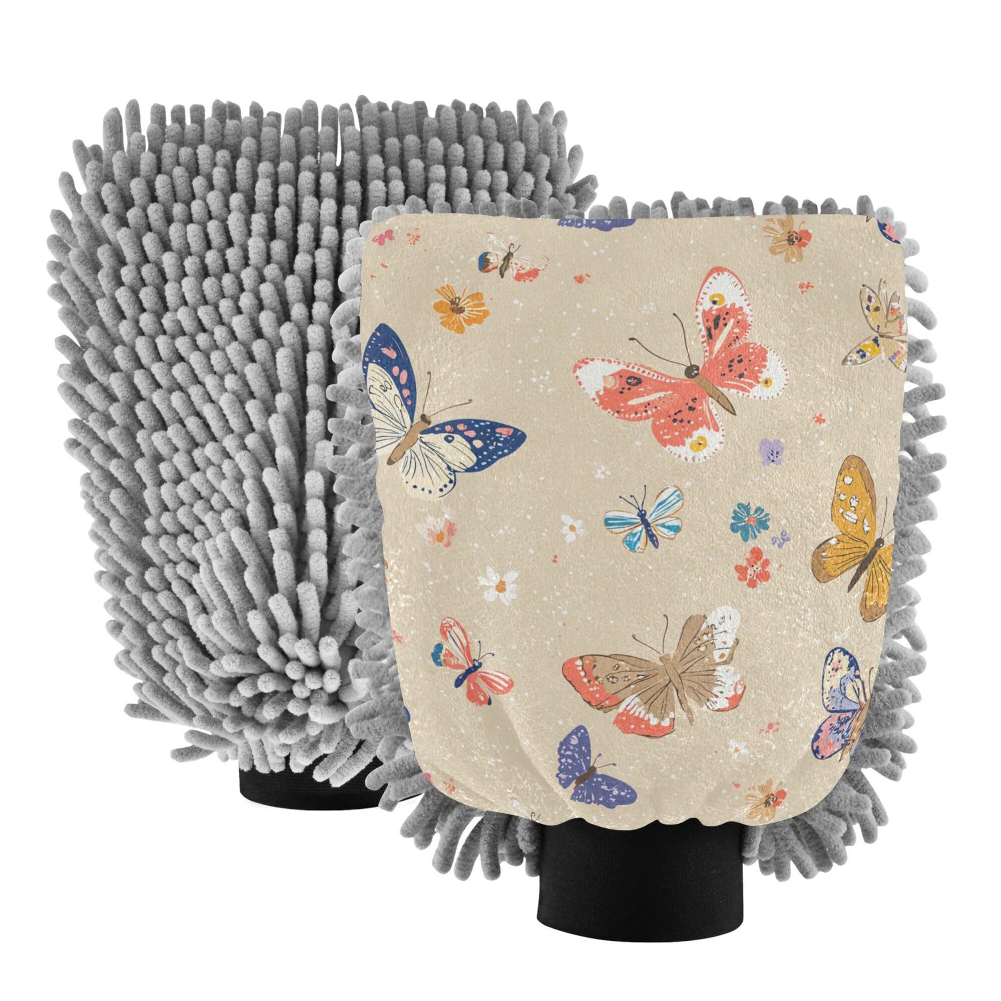 Cartoon Cute Butterfly Beige Microfiber Wash Mitt 2 Pack Washing Mitts Non Scratch Cleaning Mitten for Auto Supplies