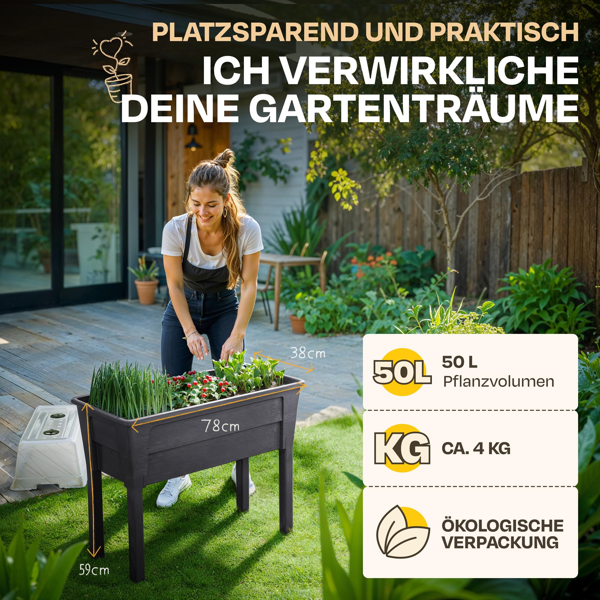 Ondis24 Garten Hochbeet Blumenkübel Victoria für Balkon, Pflanzkasten mit Gewächshaus, Volumen 50 L, Wasserspeicher, Tröpfchenbewässerung, abnehmbare Füße, Outdoor geeignet (2, Anthrazit)
