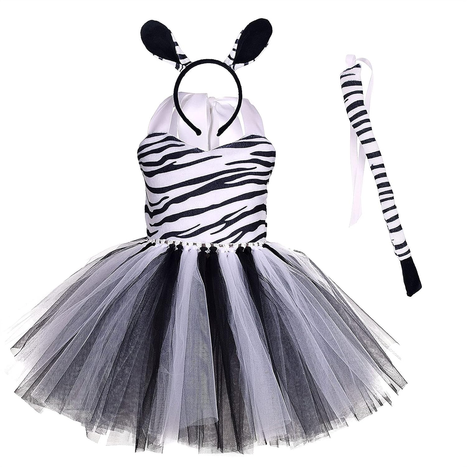 Girls Zebra 3pcs with Ears Headband tail Animal Kit Birthday Party Outfits Baby Girl Jungle Themed dress Christmas Zebra 3-4 Years - Image 2